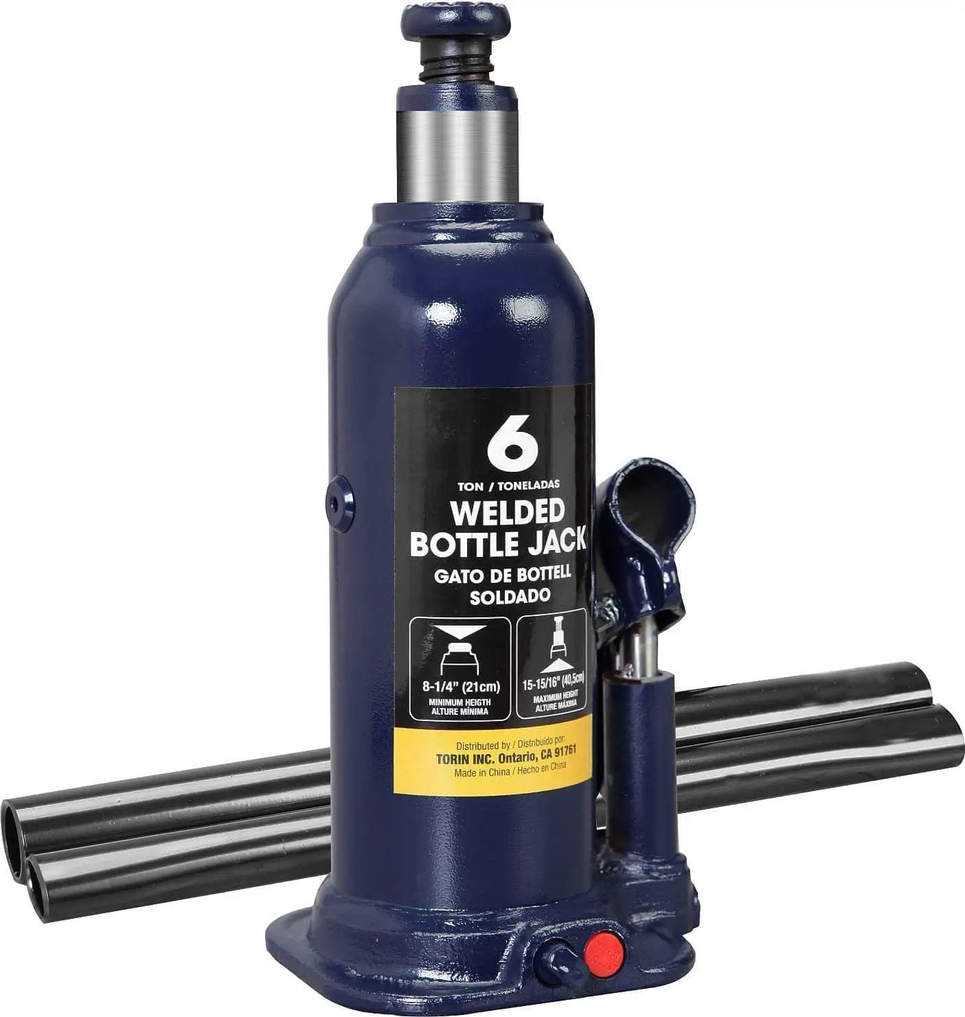 Beefed Up 6 Ton Hydraulic Bottle Jack For Cars Trucks And SUVs By Torin With Serrated Heat Treated Saddle For Secure Lift And Wide Contact Patch Lifts From Eight And A Quarter Inches To Fifteen And Fifteen Sixteenths Inches Blue