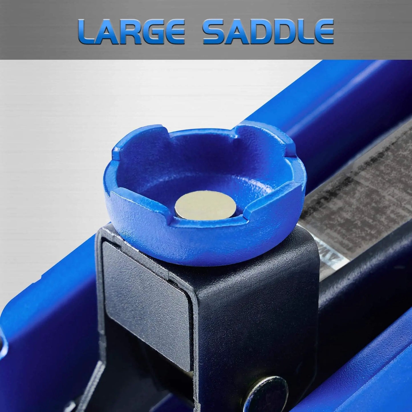 Close-up of the hydraulic saddle of the Hydraulic Floor Jack 1.5 Ton Portable Car Lift With 4.9 To 11.8 Inch Lift Range Blue Durable Steel Construction Safe Overload Valve Easy To Use For Most Cars Budget Friendly.