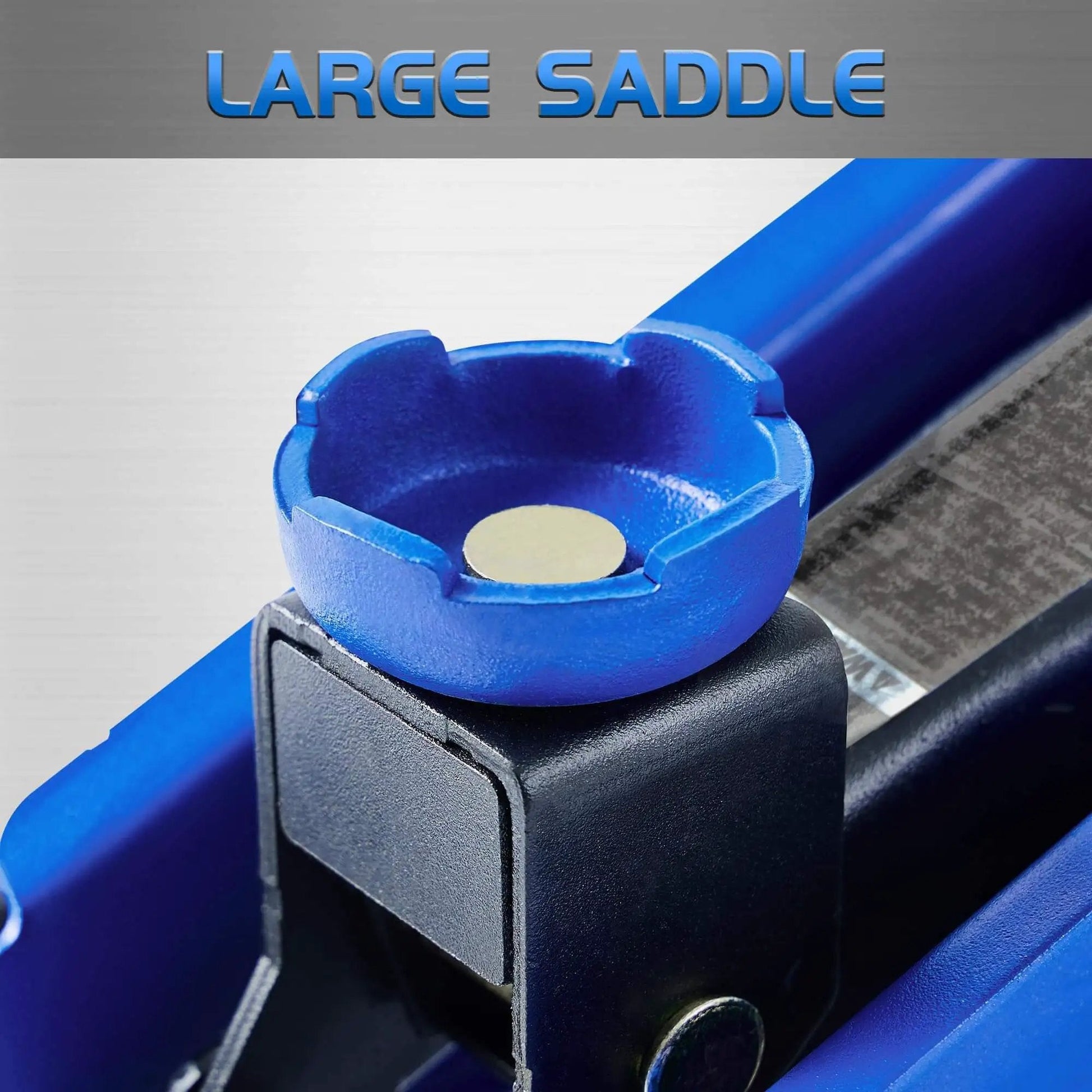Close-up of the hydraulic saddle of the Hydraulic Floor Jack 1.5 Ton Portable Car Lift With 4.9 To 11.8 Inch Lift Range Blue Durable Steel Construction Safe Overload Valve Easy To Use For Most Cars Budget Friendly.
