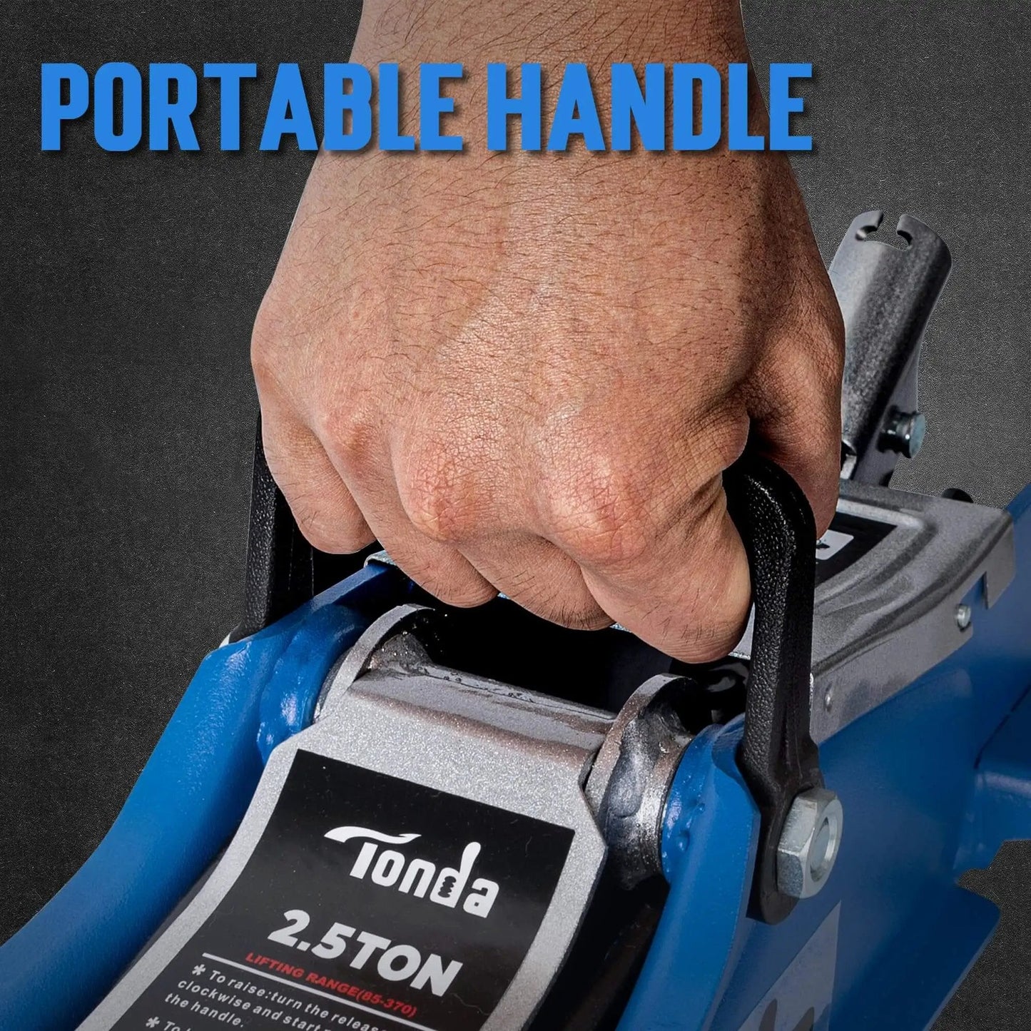 Close-up of hand holding handle of Low Profile 2.5 Ton Hydraulic Floor Car Jack For Cars And SUVs With Lifting Range From 3.35 Inches To 14.57 Inches Built in Heavy Duty Steel For Home Garage Shop Use Blue By Tonda