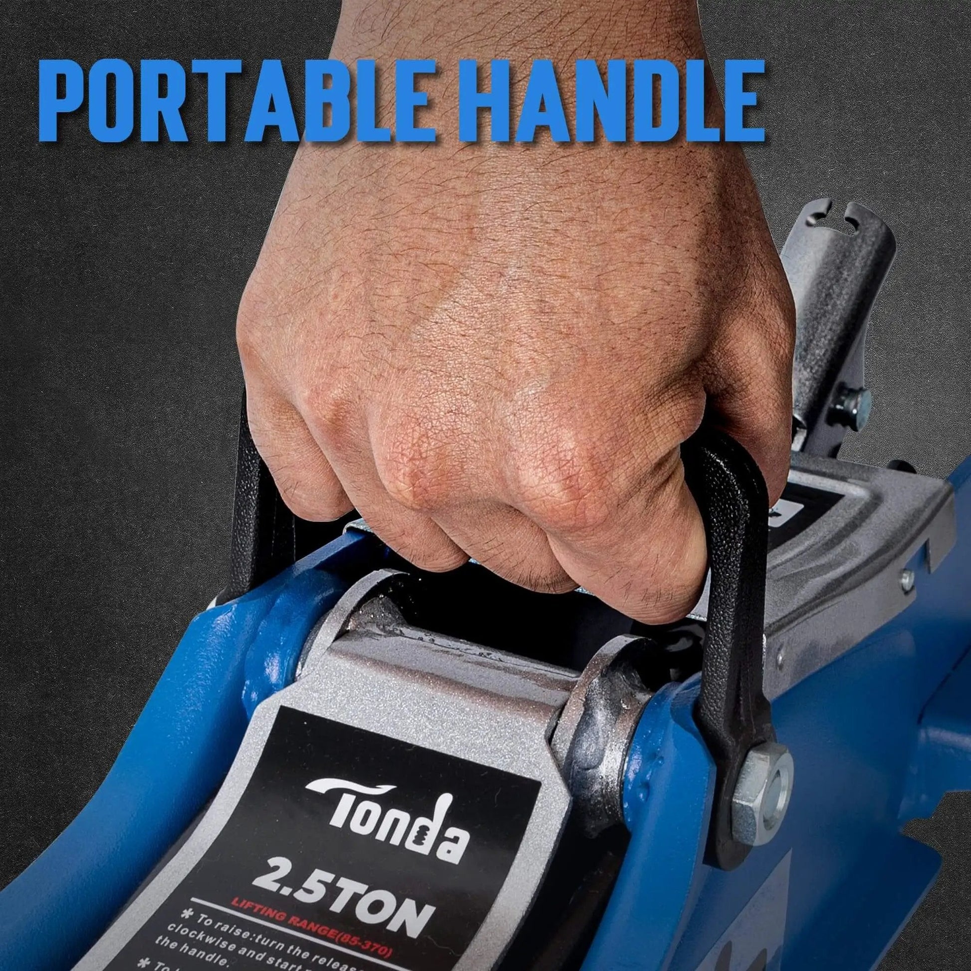 Close-up of hand holding handle of Low Profile 2.5 Ton Hydraulic Floor Car Jack For Cars And SUVs With Lifting Range From 3.35 Inches To 14.57 Inches Built in Heavy Duty Steel For Home Garage Shop Use Blue By Tonda