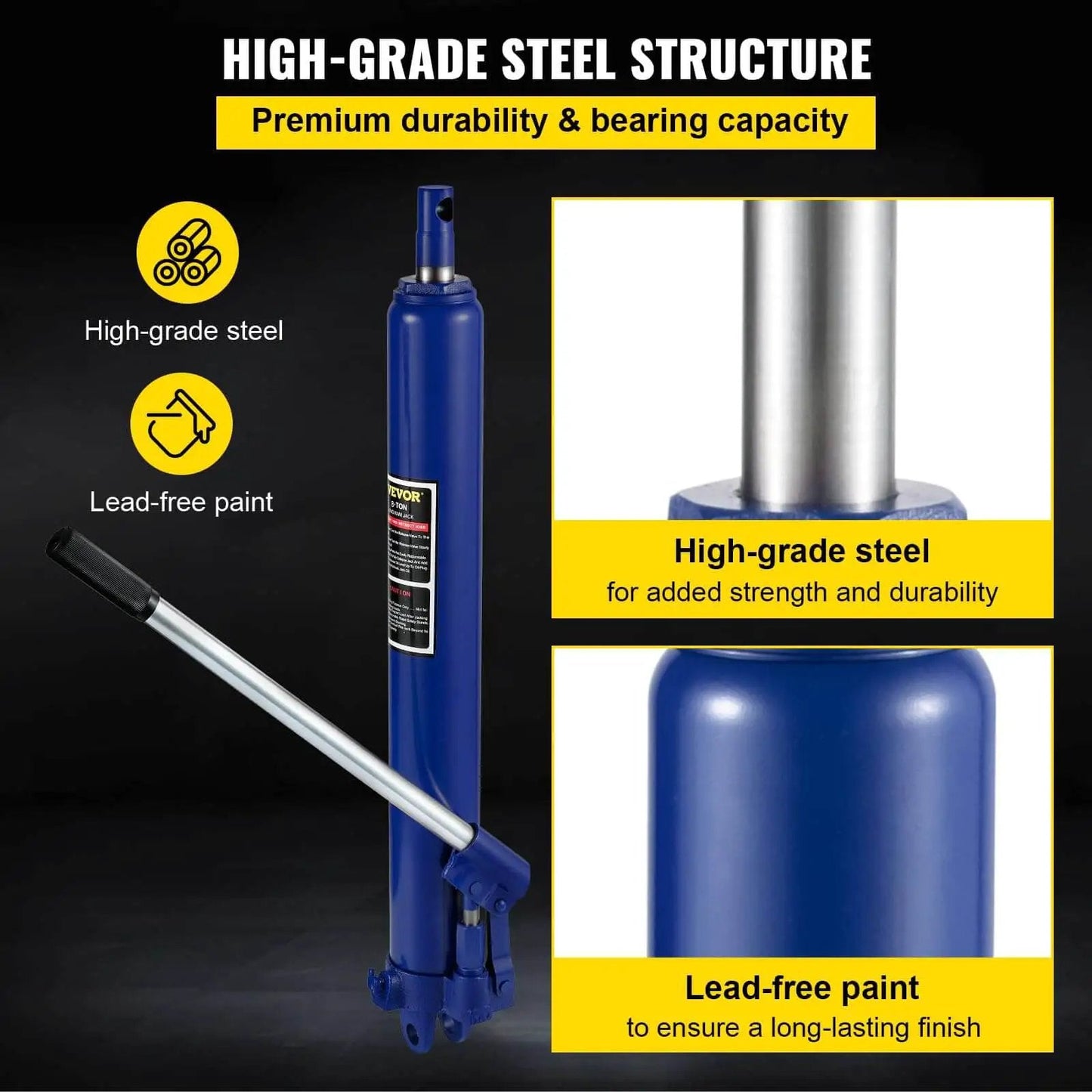 Beefy 8 Ton Hydraulic Long Ram Jack With Single Piston Pump and Clevis Base for Garage and Shop Cranes Engine Lifts Blue