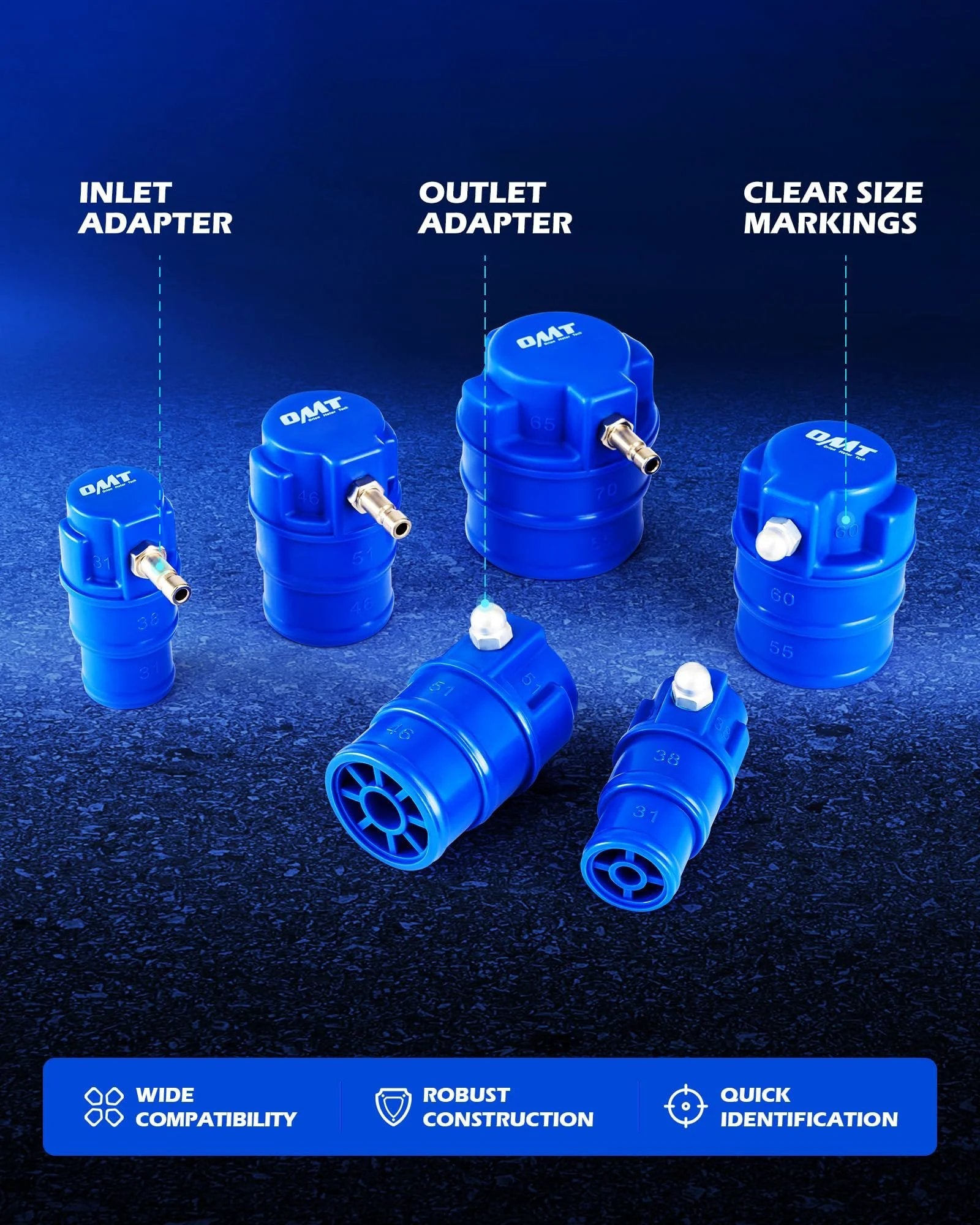 Turbo Boost Leak Tester Kit For Turbocharger Systems With Smoke Adapter And 6 Stepped Adapters From 1.2 To 3.5 Inches To Diagnose Leaks In Cooling Emission And Exhaust Lines Orion Motor Tech with blue adapters for inlet and outlet.
