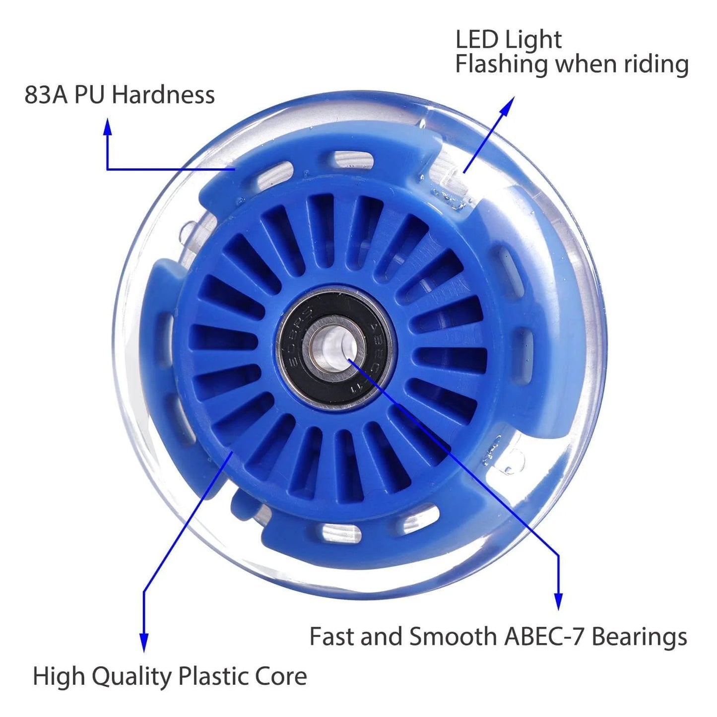 80mm Light Up Scooter Rear Wheels 2 Pack with Bearings Polyurethane LED Inline Skate Replacement Wheels Blue, top view