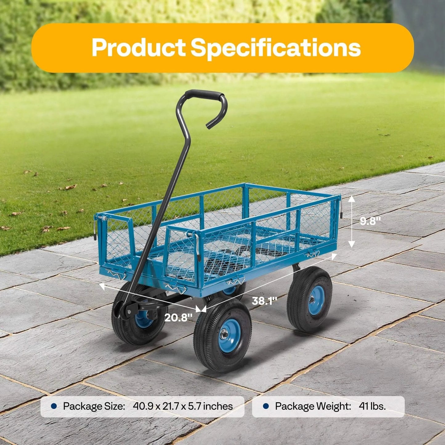 Heavy Duty Mesh Steel Garden Cart Folding Utility Wagon with 880 Lb Capacity, Removable Sides Flatbed Design, 10 Inch Pneumatic Wheels 4.10/3.50-4, 180 Degree Handle for Yard, Lawn, Farm, and Outdoor Hauling, Blue, showing product specifications.