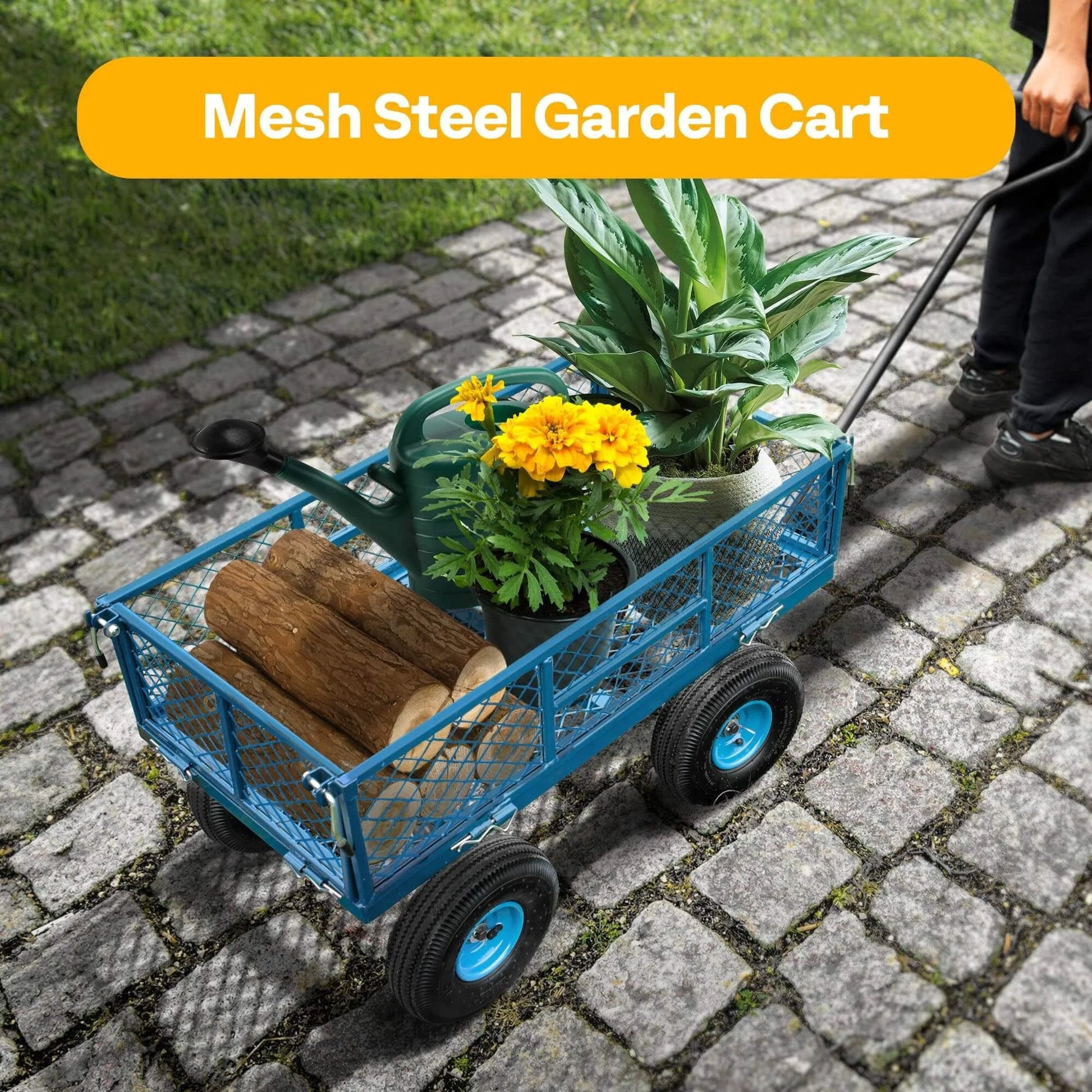 Heavy Duty Mesh Steel Garden Cart Folding Utility Wagon with 880 Lb Capacity, Removable Sides Flatbed Design, 10 Inch Pneumatic Wheels 4.10/3.50-4, 180 Degree Handle for Yard, Lawn, Farm, and Outdoor Hauling, Blue filled with plants and logs.