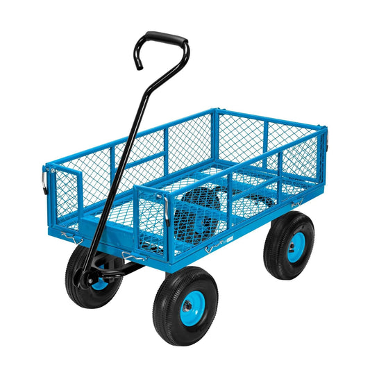 Heavy Duty Mesh Steel Garden Cart Folding Utility Wagon with 880 Lb Capacity, Blue, side view with 10 Inch Pneumatic Wheels.