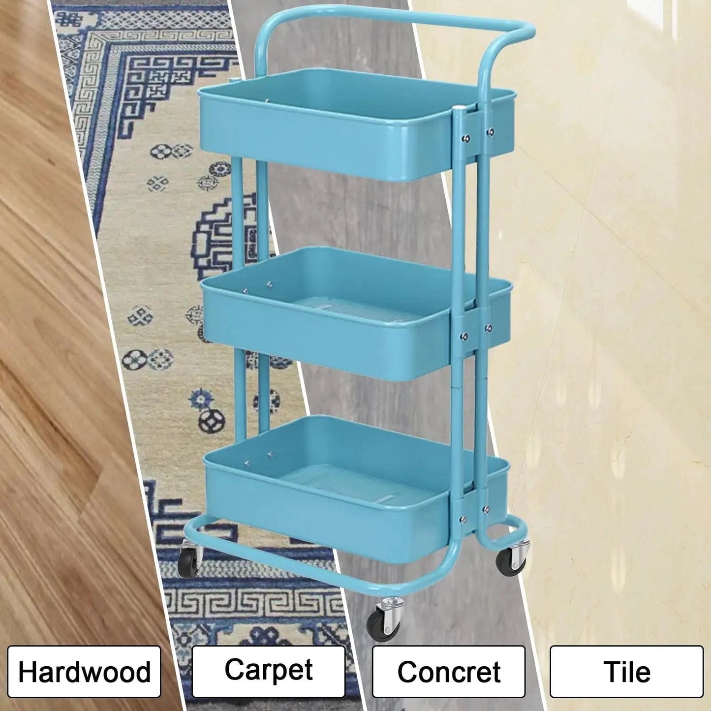 Blue three-tier rolling cart with swivel casters on various flooring types including hardwood, carpet, concrete, and tile.