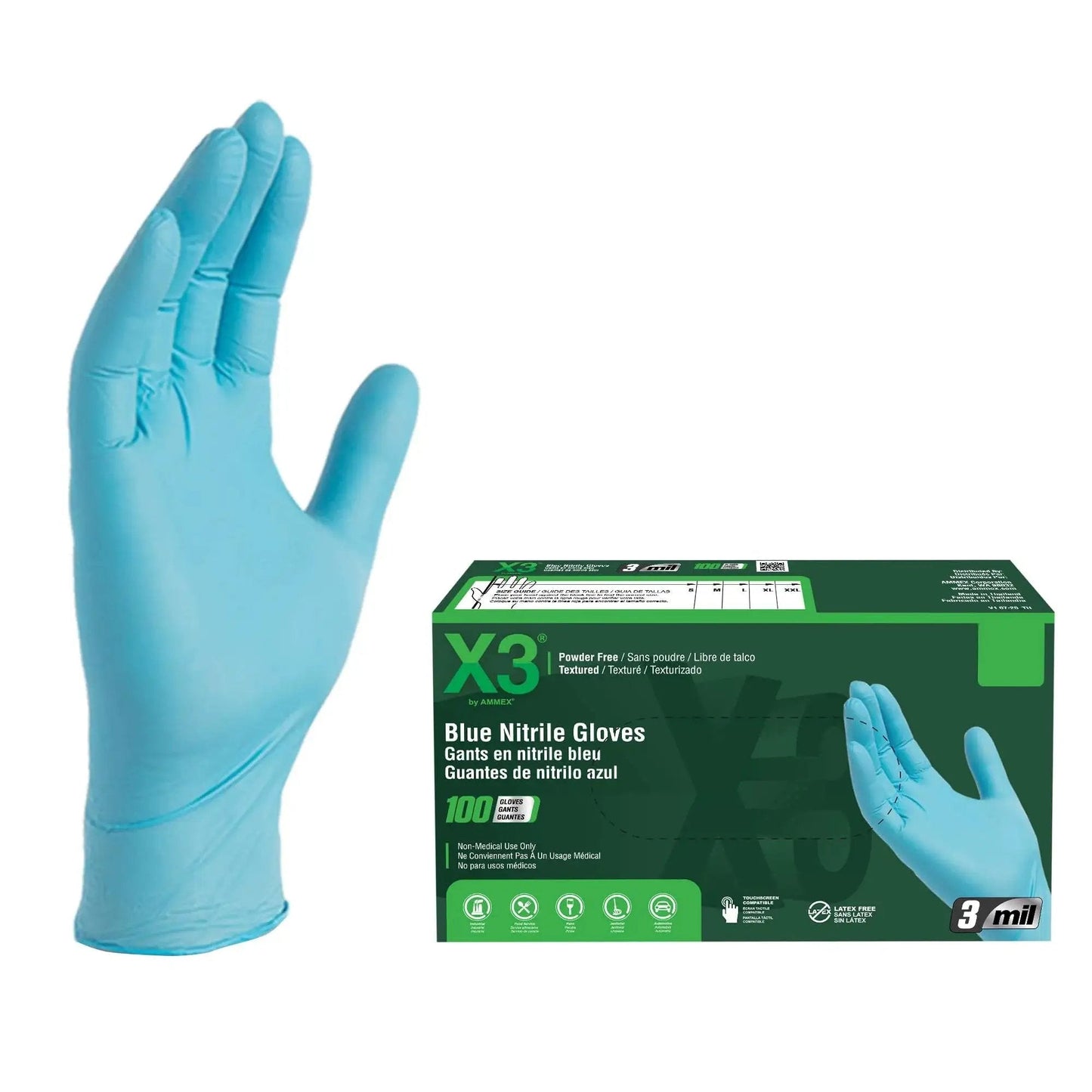 Blue Nitrile Gloves 3 Mil Textured Large Latex Free Powder Free Box Of 100 showing single glove and packaging