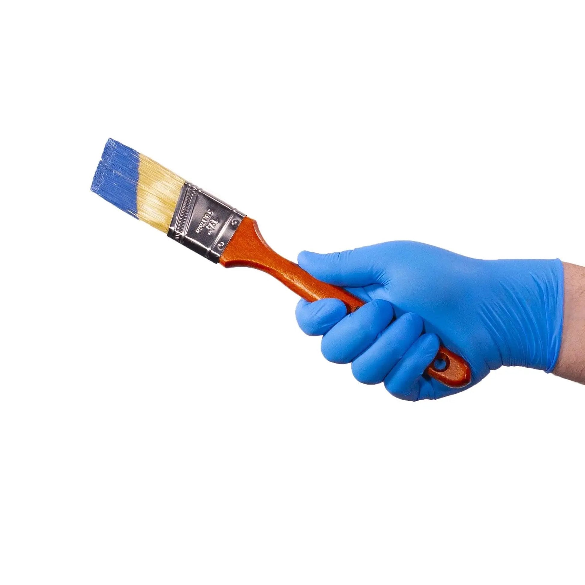 Hand wearing Blue Nitrile Gloves 3 Mil Textured Large Latex Free Powder Free Box Of 100 holding a paintbrush.