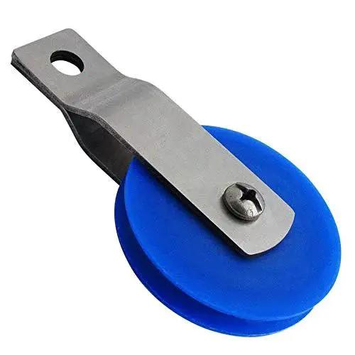 Two And One Half Inch Blue Nylon Pulley With Stainless Steel Split Bracket For Aircraft Cable Up To Three Sixteenths Of An Inch Pivoting Bracket.