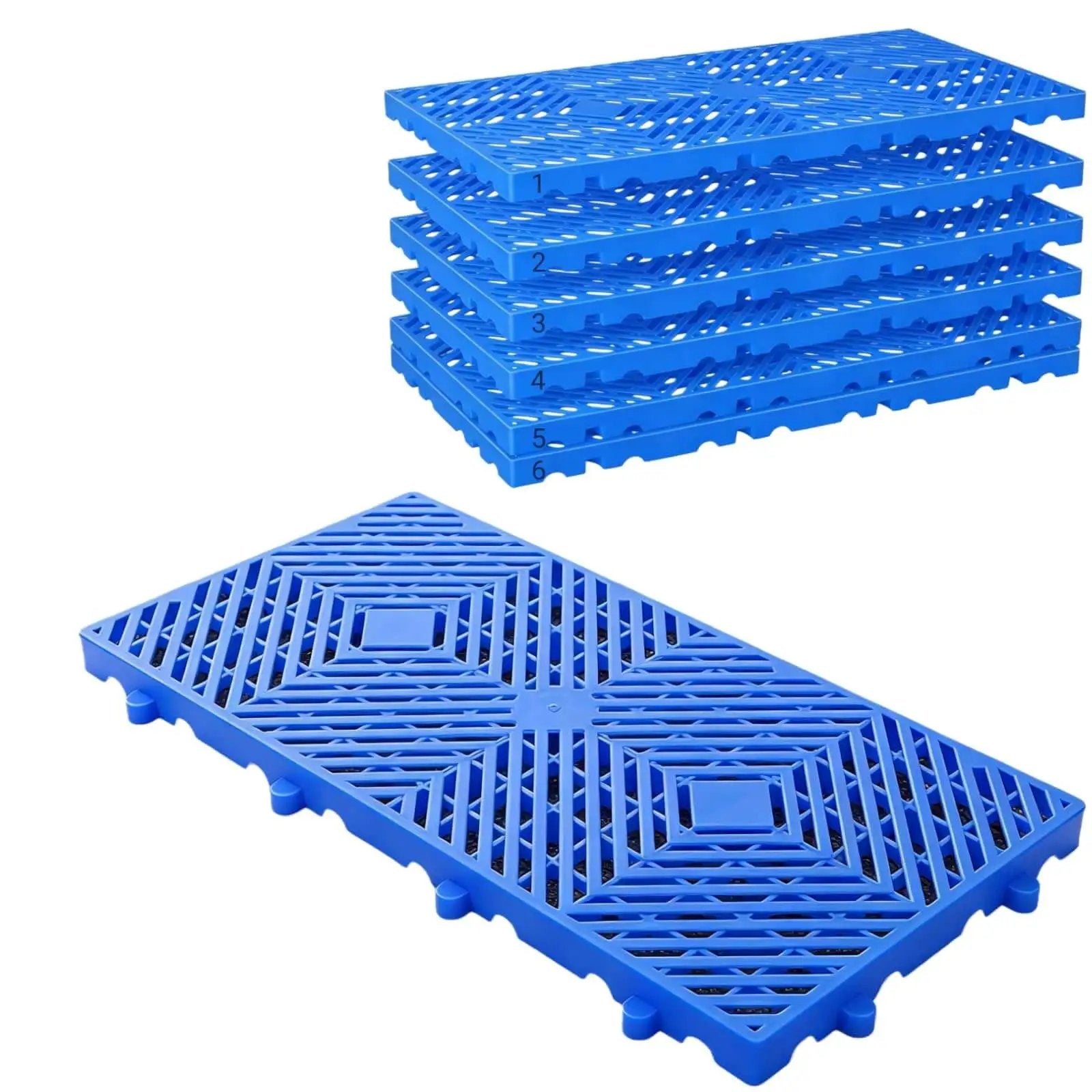 6-Piece Rhombic Plastic Pallet With Breathable Grid Ventilation For Interlocking Splice, 23.6 By 11.8 By 1.18 Inch Lightweight Floor Pallet, blue.