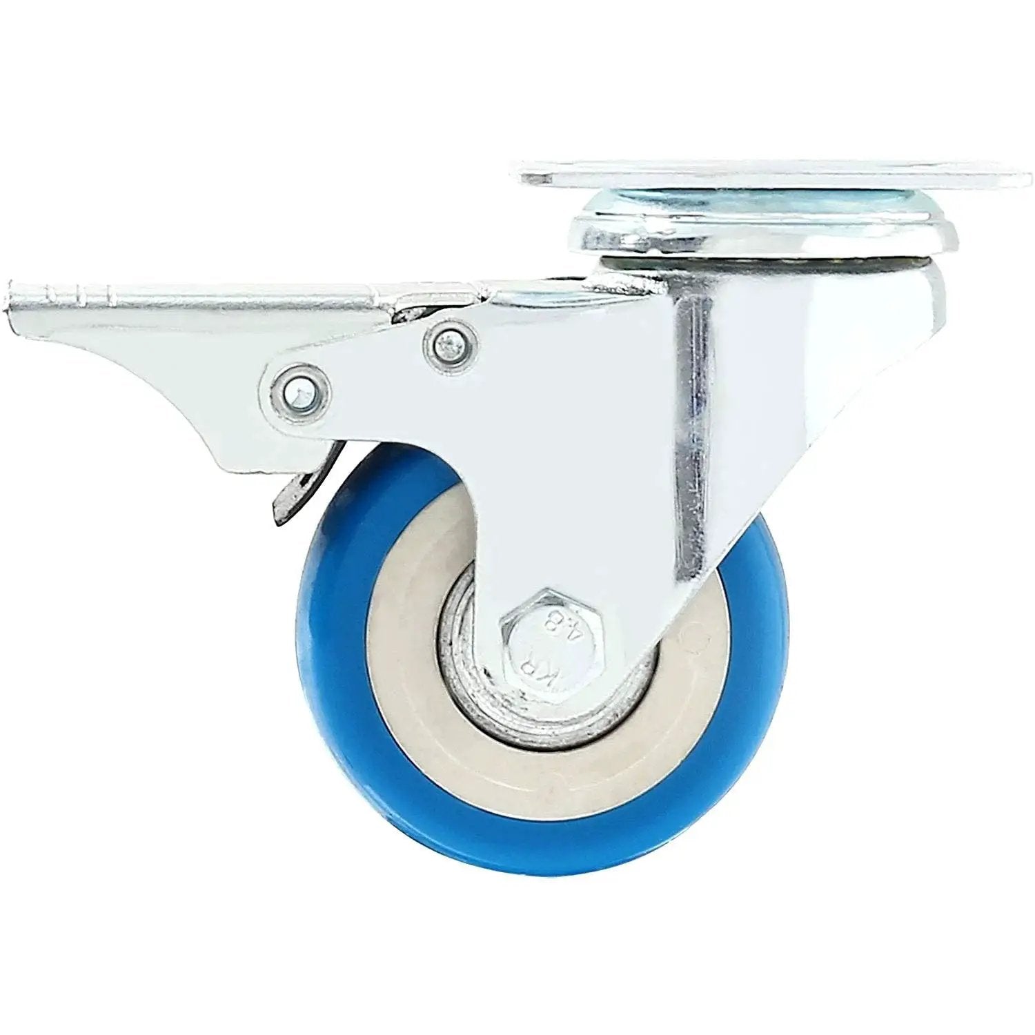 Side view of a 12 Pack 2 Inch Brake Caster Wheels With Swivel Plate Casters In Blue Polyurethane Locking Brakes 50mm Plate 33mm Hole Center 6mm Axle Heavy Duty Swivel Castors For Furniture Carts Equipment And Industrial DIY Use.