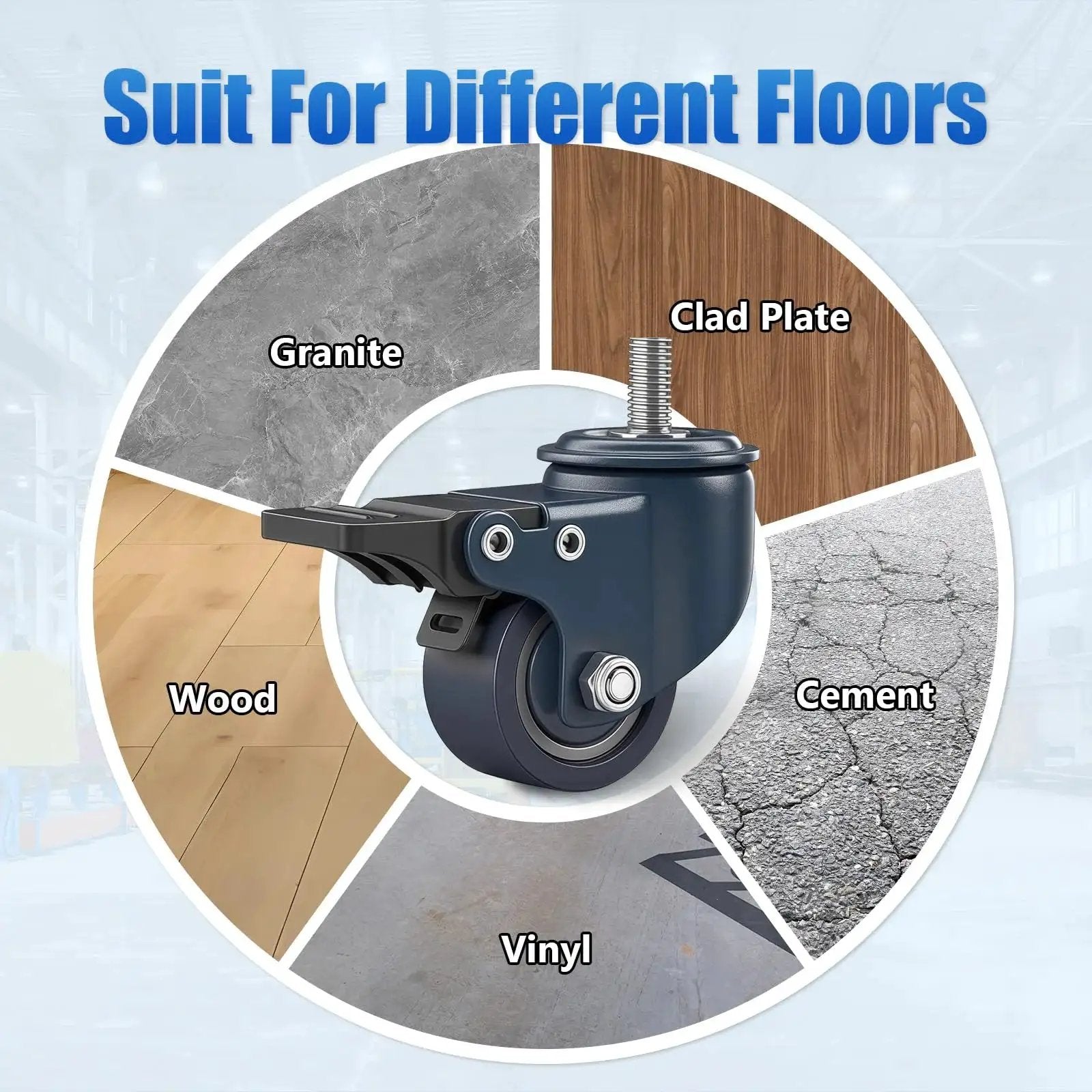 Blue 1.6 Inch Polyurethane Caster Wheels With M8 1.25 Threaded Stem 8mm Diameter 15mm Length Heavy Duty Caster Set Of 4 With Locking Brakes 450 Lb Capacity For Furniture Carts And DIY Projects shown with compatibility for various floor types: granite, clad plate, wood, cement, and vinyl floors