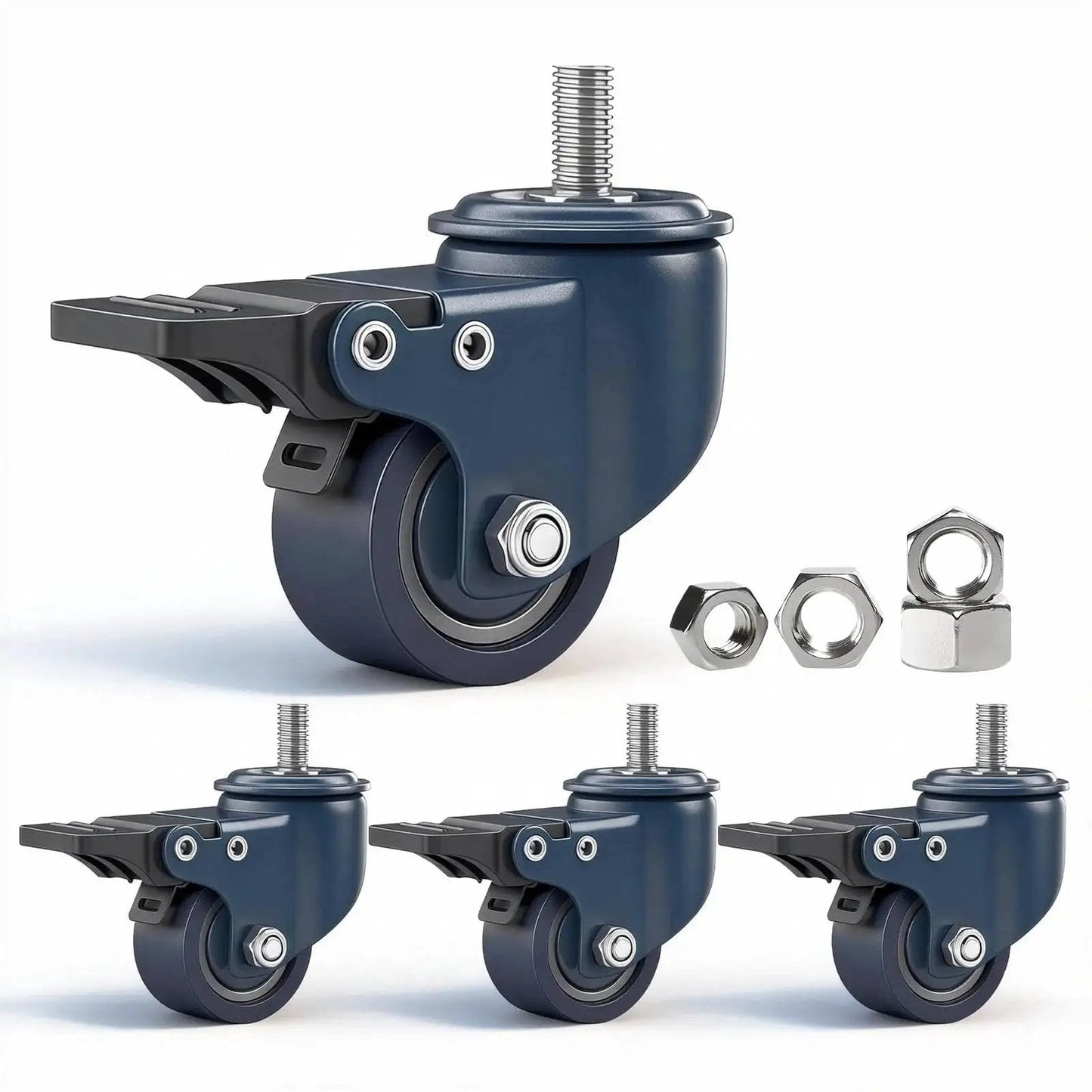 Blue 1.6 Inch Polyurethane Caster Wheels With M8 1.25 Threaded Stem 8mm Diameter 15mm Length Heavy Duty Caster Set Of 4 With Locking Brakes 450 Lb Capacity For Furniture Carts And DIY Projects, shown with locking brakes and attached nuts, suitable for furniture and DIY projects.