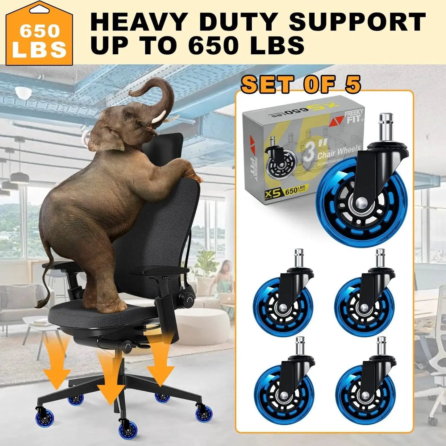 Office Chair Wheels Replacement Set Of Five 3 Inch Soft Non Marking Polyurethane Casters For All Floors Including Hardwood And Carpet Delivers Smooth Quiet Glide For Desk Chairs Blue, elephant on chair