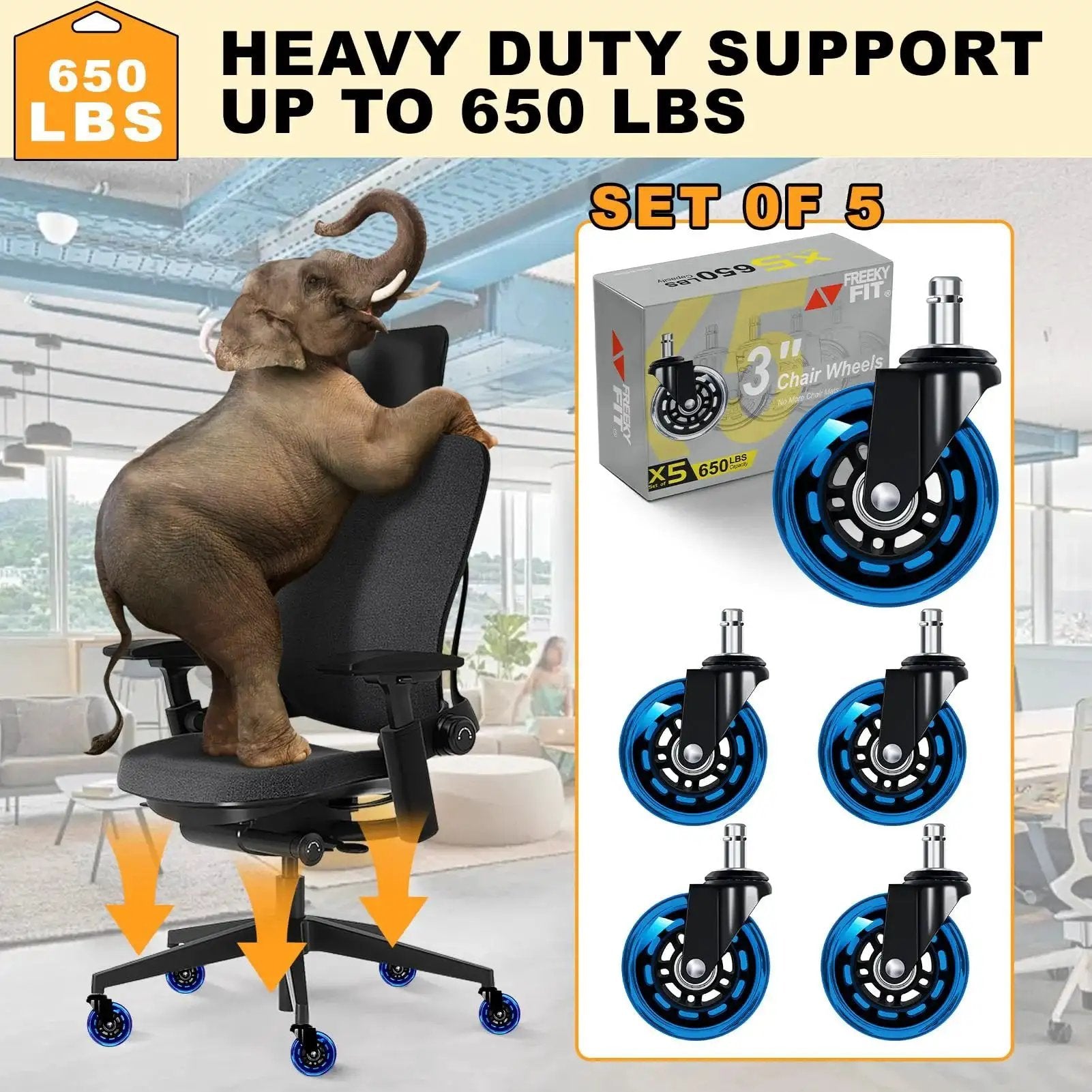 Office Chair Wheels Replacement Set Of Five 3 Inch Soft Non Marking Polyurethane Casters For All Floors Including Hardwood And Carpet Delivers Smooth Quiet Glide For Desk Chairs Blue, elephant on chair