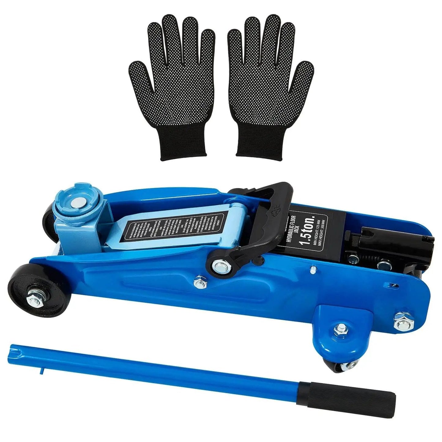 Beefy 1.5 Ton Floor Jack Low Profile For Cars With Single Piston Lift Pump Blue GAOLLY Steel Racing Jack with gloves visible