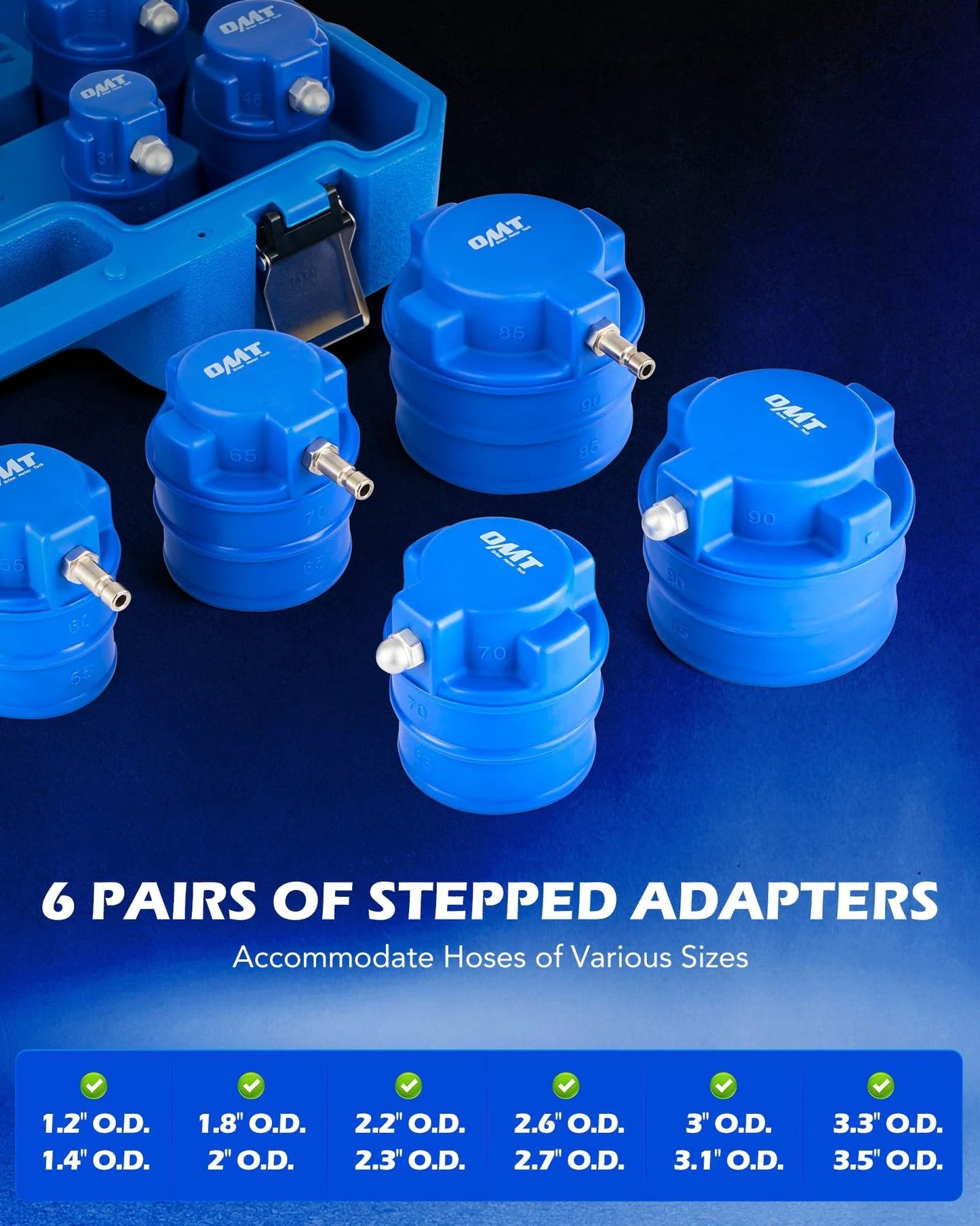 Turbo Boost Leak Tester Kit For Turbocharger Systems With Smoke Adapter And 6 Stepped Adapters From 1.2 To 3.5 Inches To Diagnose Leaks In Cooling Emission And Exhaust Lines Orion Motor Tech, blue stepped adapters in various sizes.