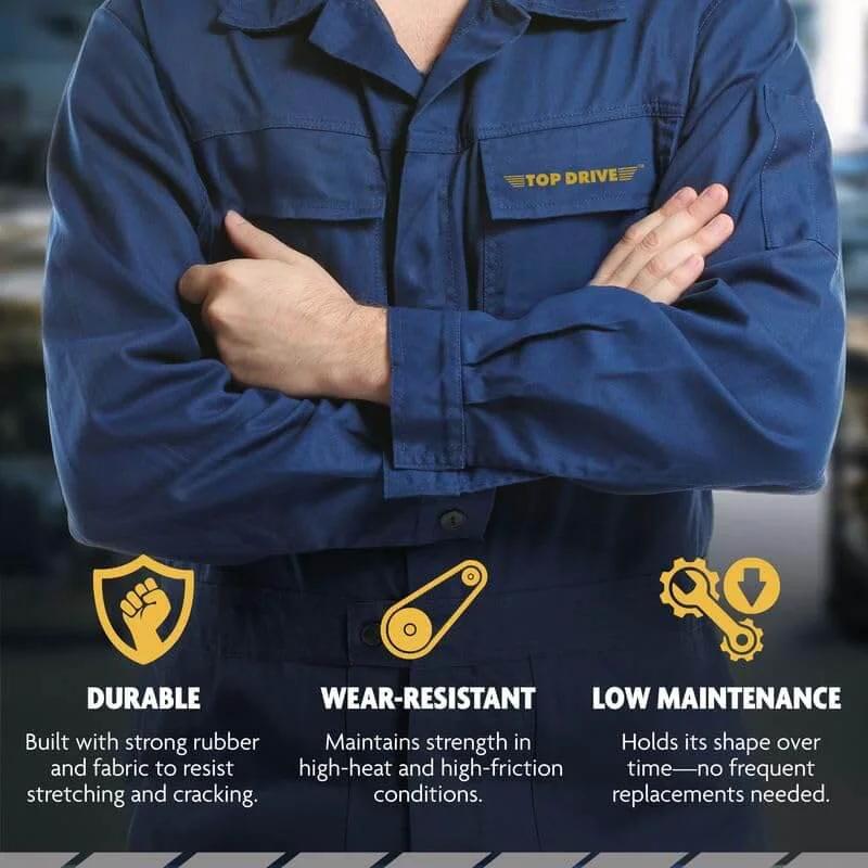 Person in blue work uniform displaying durability, wear-resistance, and low maintenance qualities as conceptual text overlays.