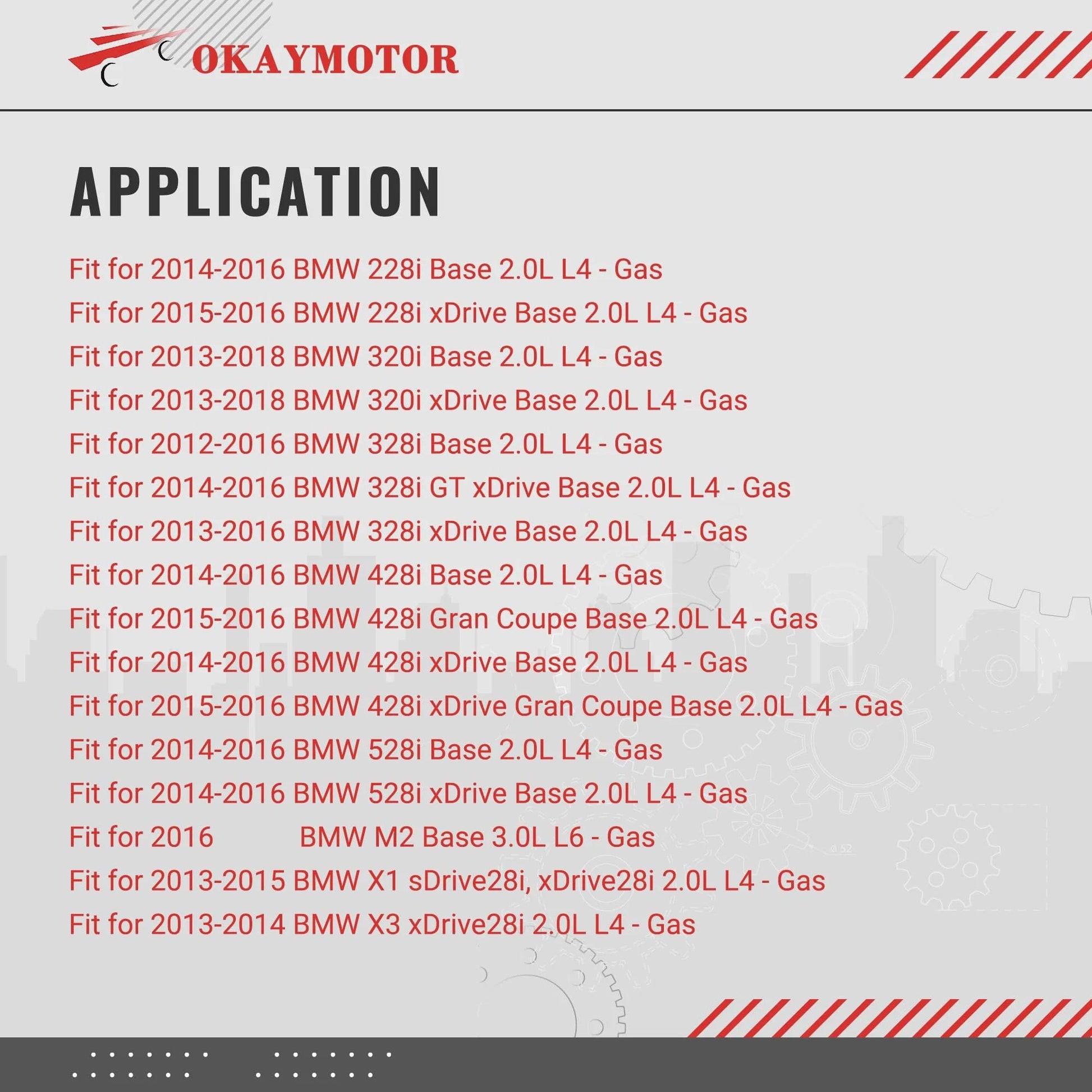 Application chart for Turbocharger Wastegate Actuator for BMW 2 0L Turbo Engines Compatible With 2012 2018 models.