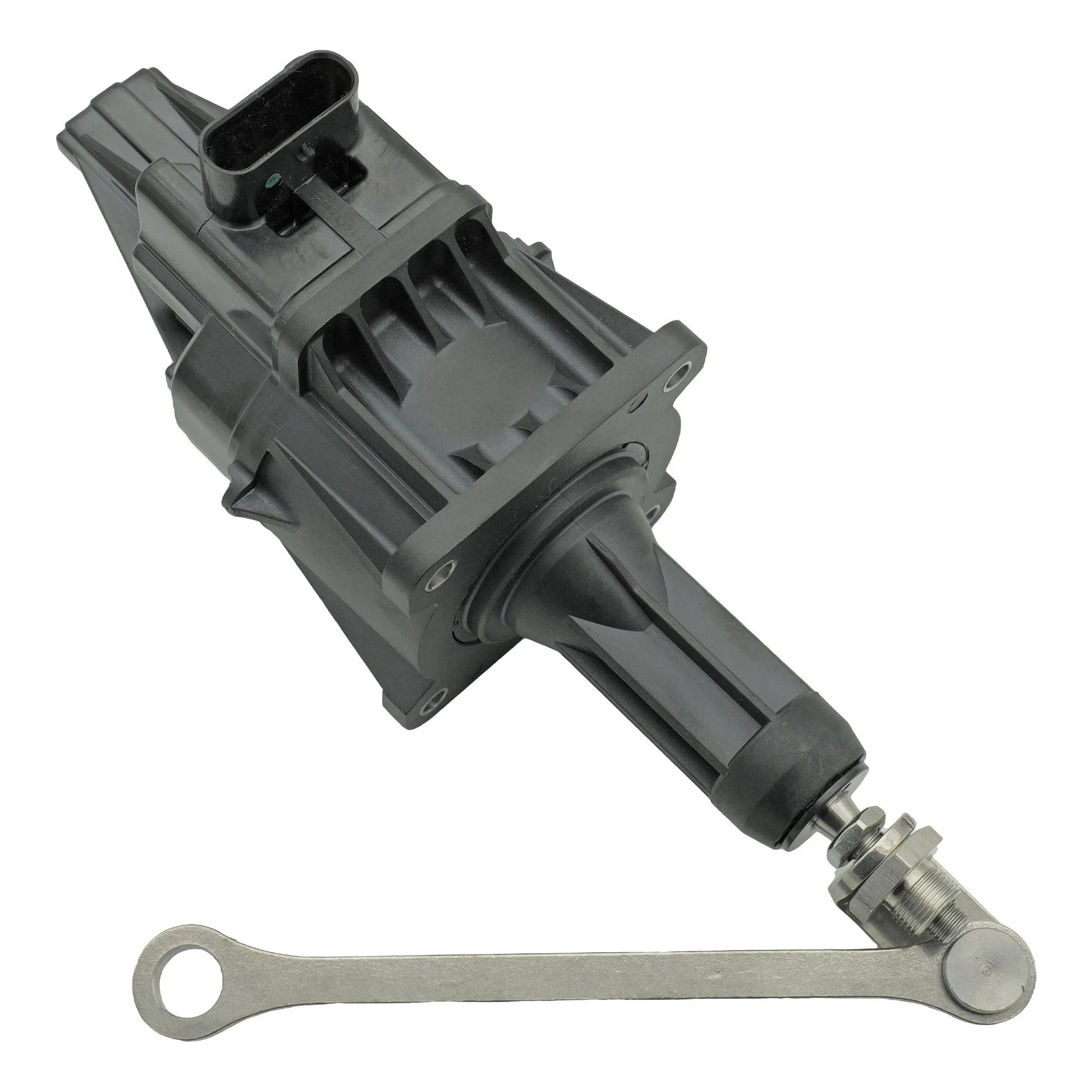 Turbocharger Wastegate Actuator for BMW 2 0L Turbo Engines Compatible With 2012 2018 228i 320i 328i 428i 528i M2 X1 X2 X3 X4 X5 Z4 Okay Motor OEM Replacement Direct Fit Replacement Part With OE Numbers 11657642469 11657638783 For Easy Install viewed from the side showing actuator body and lever.