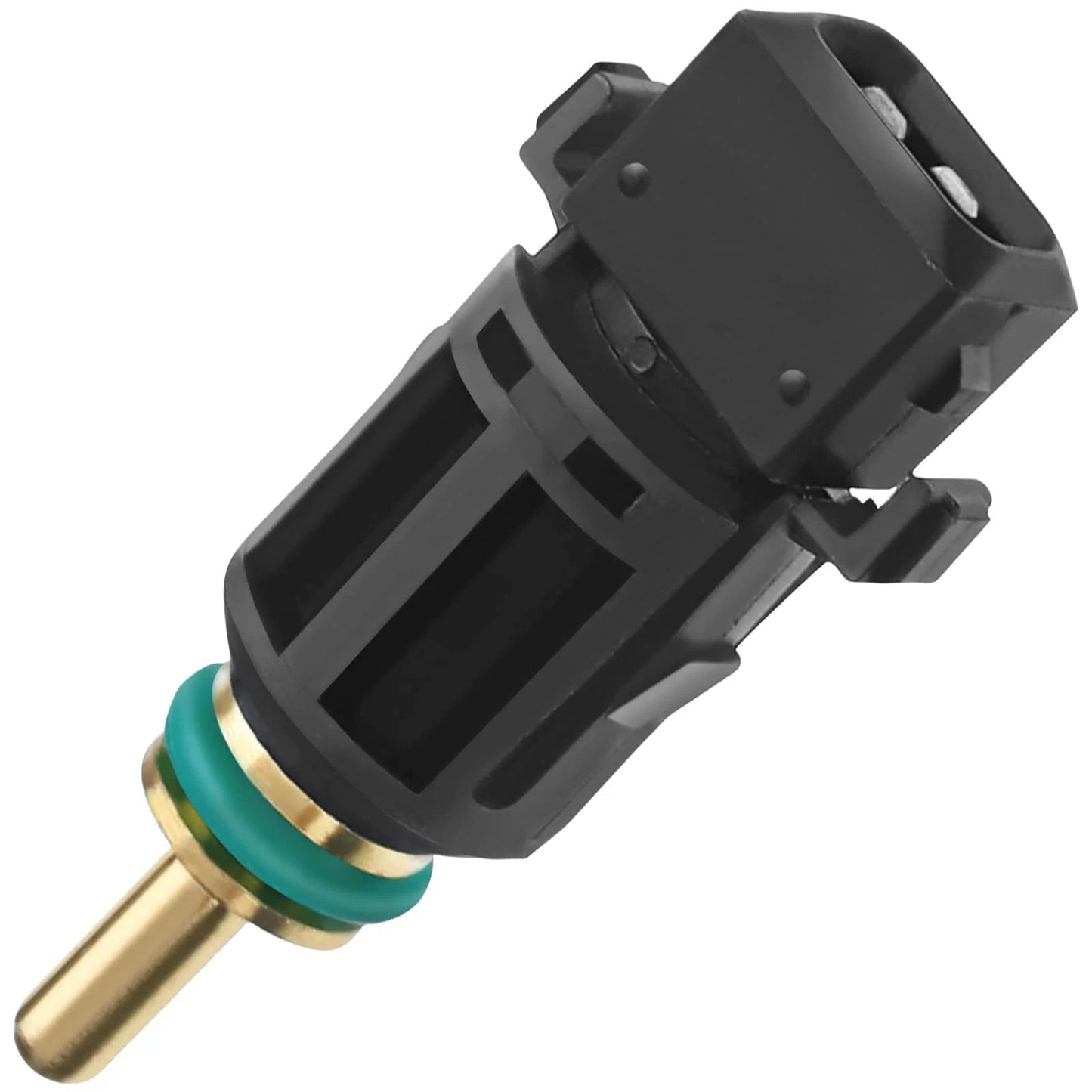Engine Coolant Temperature Sensor For BMW Cars, By A-Premium, black plastic body with a brass tip and green O-ring for sealing.