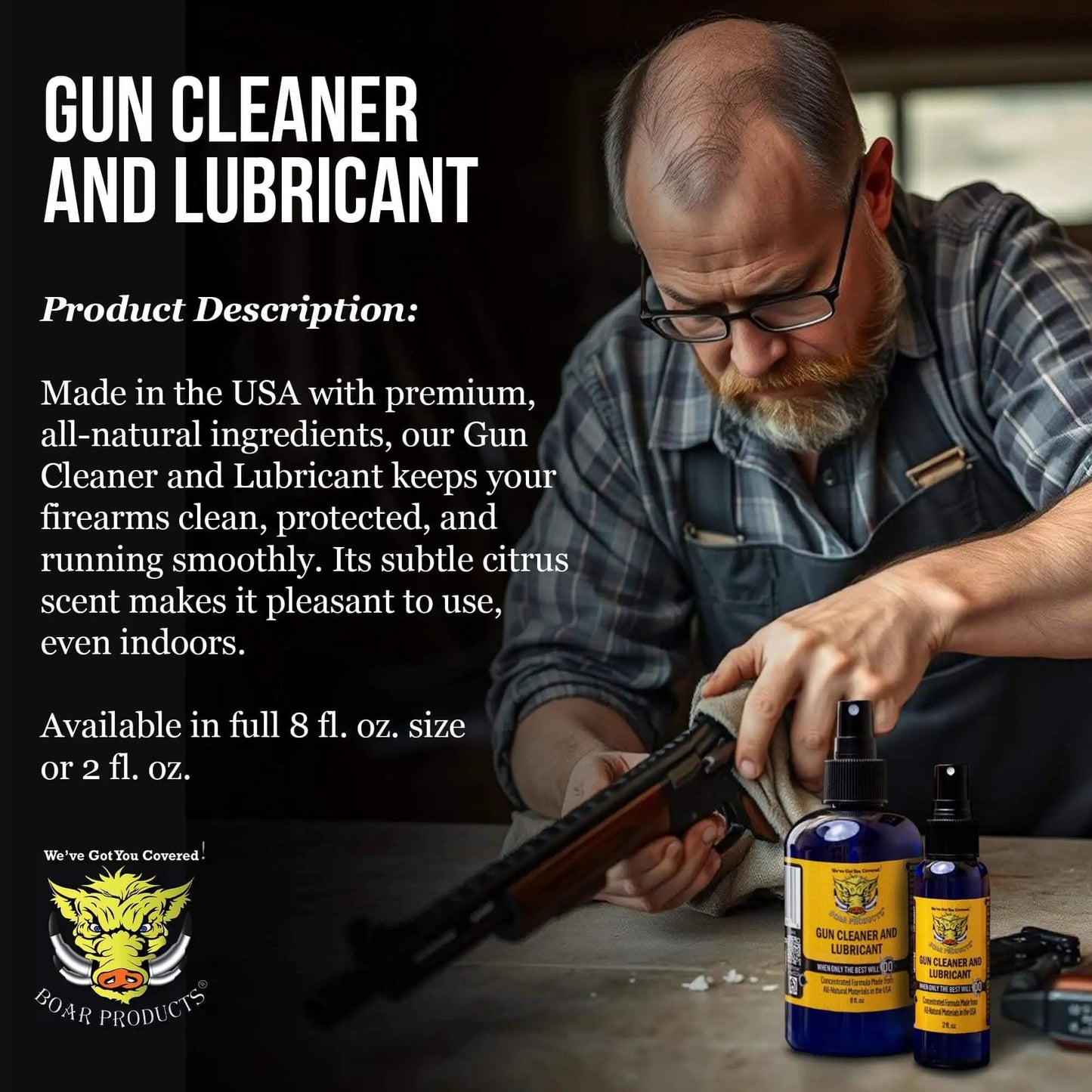 Man cleaning gun, bottles of Premium Gun Cleaner And Lubricant CLP Spray for Metal Surfaces on table.