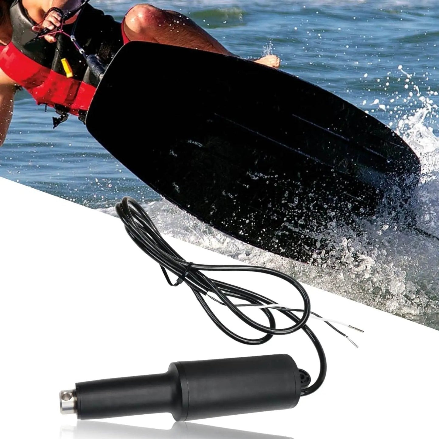 Boat Trim Tab Actuator 15055 001 Direct Replacement For 101XD Extreme Duty 12V System shown with wave background.