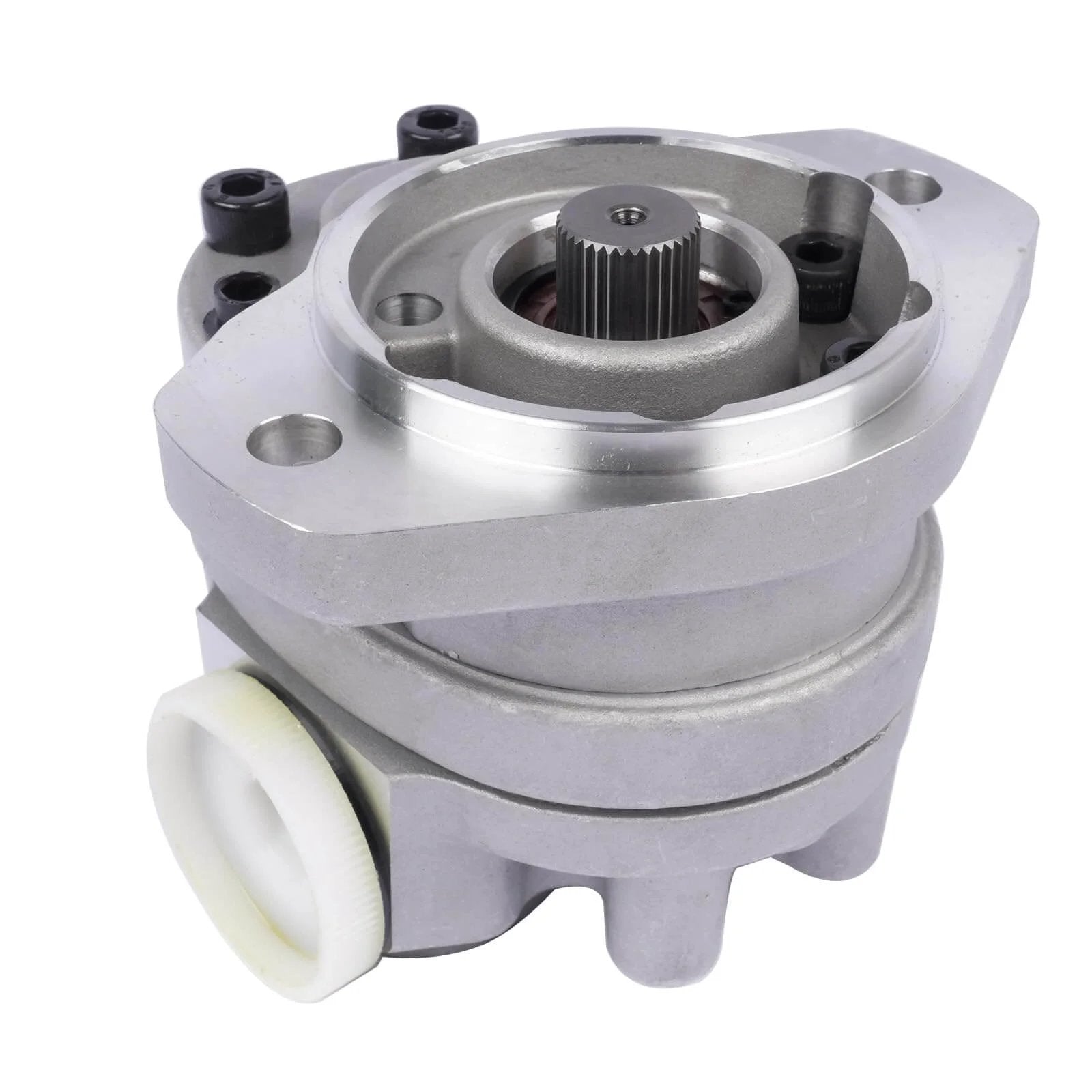 Getanye Hydraulic Gear Pump 7000311 Replacement for Bobcat S70 Skid Loader, front view silver metal pump with fittings