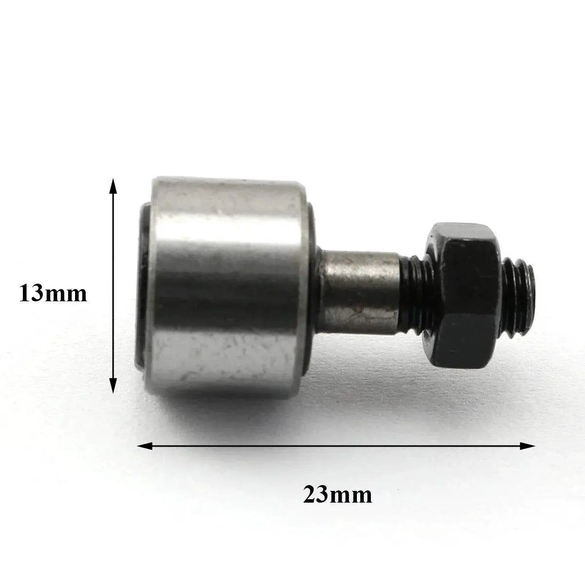Side view of Bolt Type Needle Roller Cam Follower Bearing with 13mm roller diameter and 9mm width for M5 stud in steel construction.