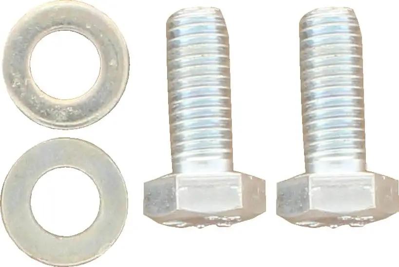 Two metal bolts and washers for automotive or machinery assembly on a white background.