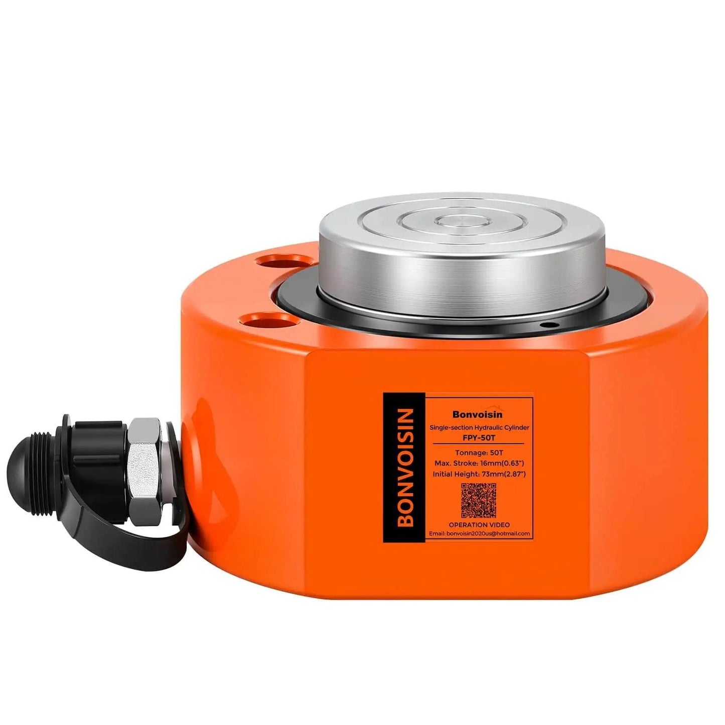 Heavy Duty Bonvoisin 50 Ton Hydraulic Ram Cylinder With 0.63 Inch Stroke Low Profile Porta Power Jack in orange steel