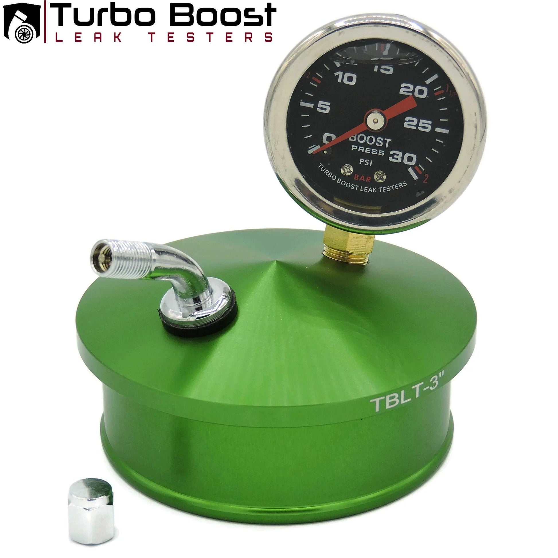 Shop Quality Boost Leak Tester Kit For Cars And Trucks, Universal Intake Pipe Pressure Test With 30 PSI Gauge, Fits 3, 3.25, 3.5 And 4 Inch Charge Pipes, Pro Grade CNC 6061 Billet Aluminum End Cap Anodized For Strong Seals, close-up view of green tester with gauge.