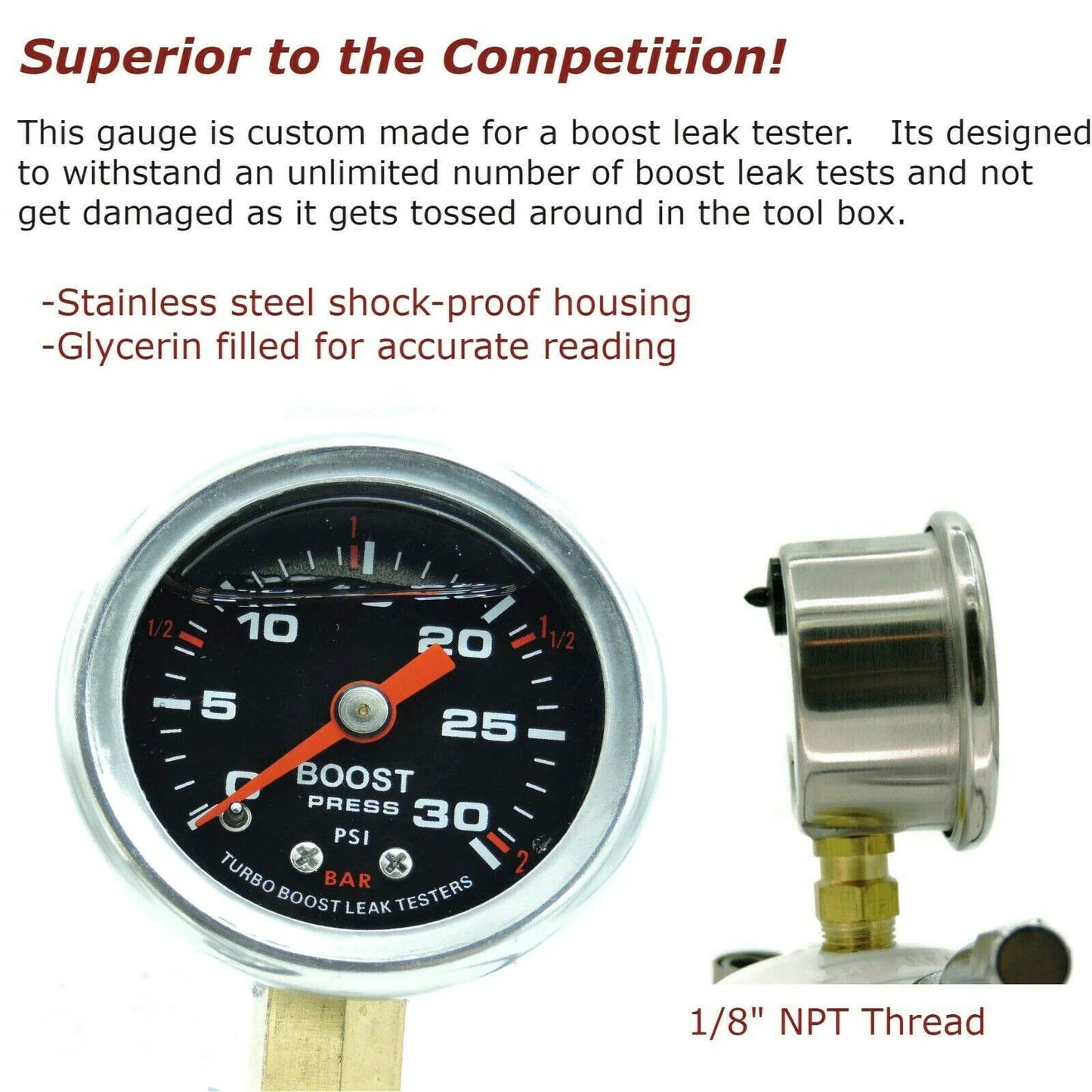 Close-up of a 30 PSI boost gauge for Shop Quality Boost Leak Tester Kit For Cars And Trucks, featuring stainless steel shock-proof housing.