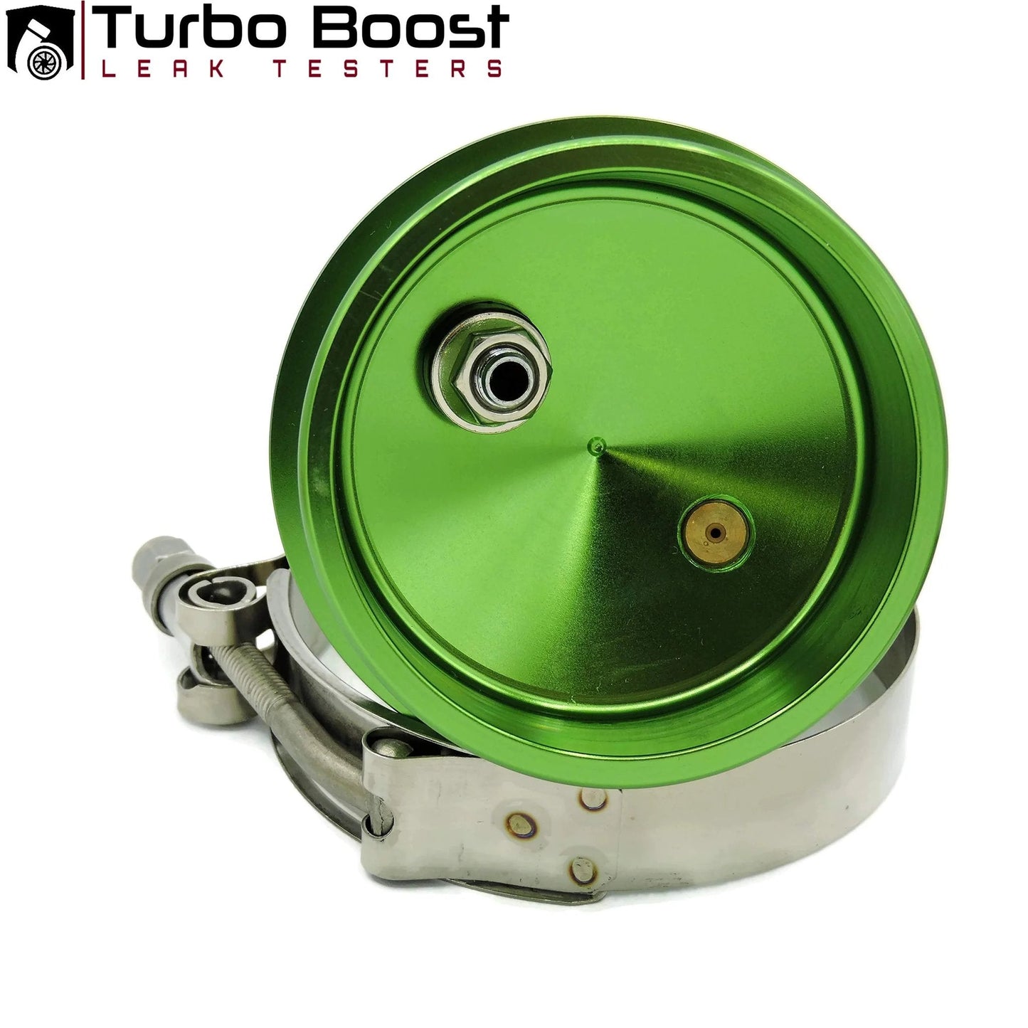 Close-up of a Turbo Boost Leak Tester Kit with a green CNC 6061 aluminium end cap and mounting band.
