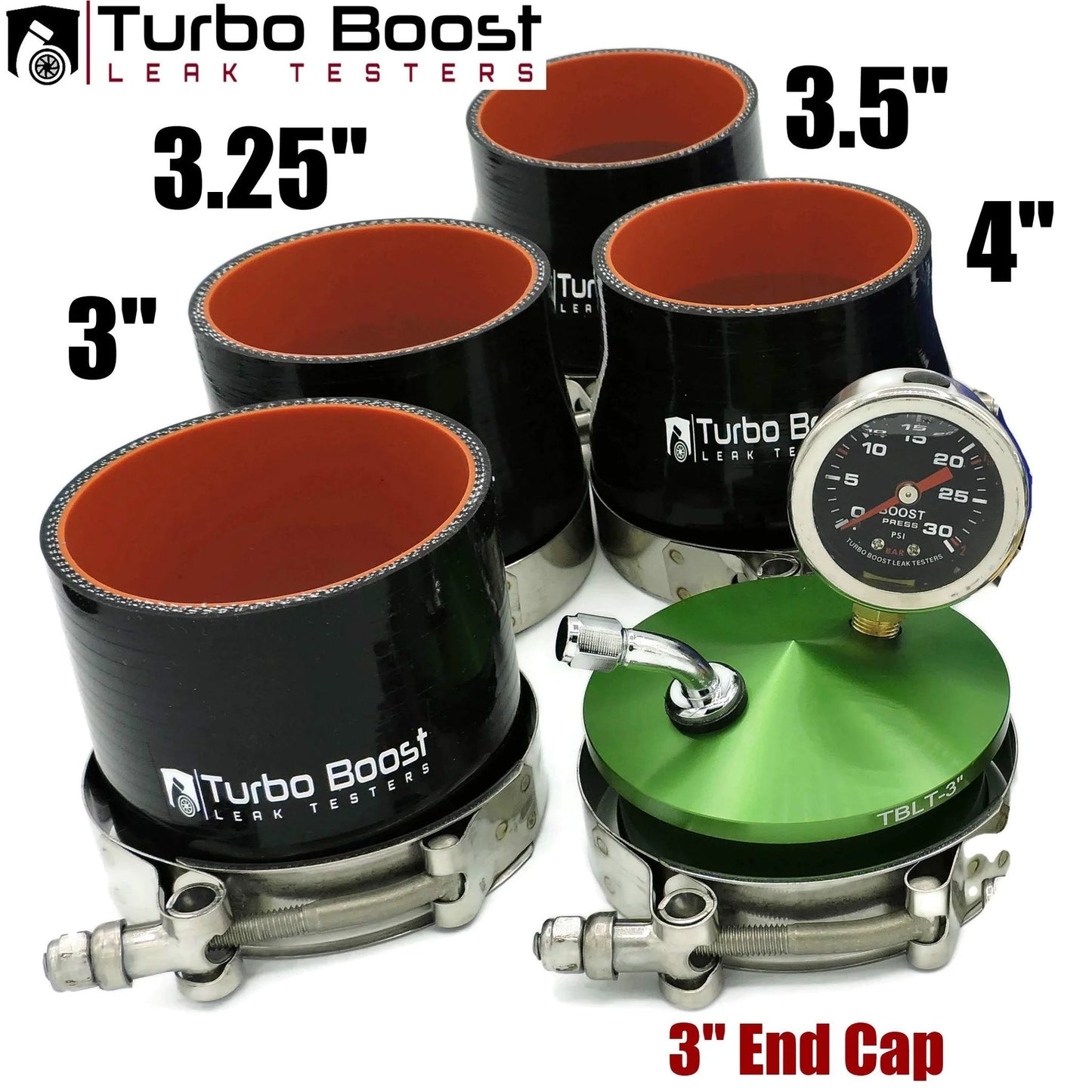 Shop Quality Boost Leak Tester Kit For Cars And Trucks, Universal Intake Pipe Pressure Test With 30 PSI Gauge, Fits 3, 3.25, 3.5 And 4 Inch Charge Pipes, Pro Grade CNC 6061 Billet Aluminum End Cap Anodized For Strong Seals with four charge pipes and 30 PSI gauge.