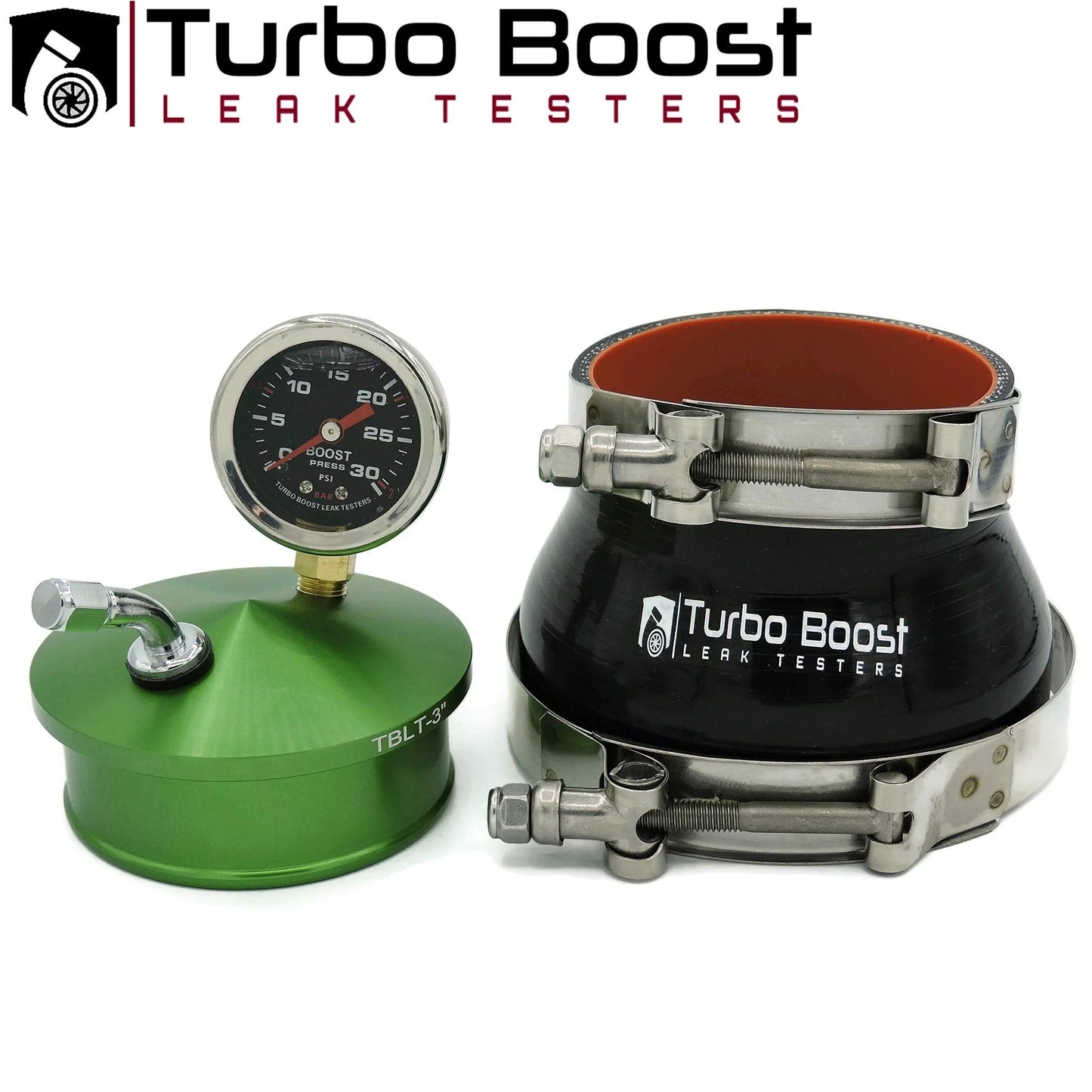 Shop Quality Boost Leak Tester Kit For Cars And Trucks, Universal Intake Pipe Pressure Test With 30 PSI Gauge, Fits 3, 3.25, 3.5 And 4 Inch Charge Pipes, Pro Grade CNC 6061 Billet Aluminum End Cap Anodized For Strong Seals, front view.