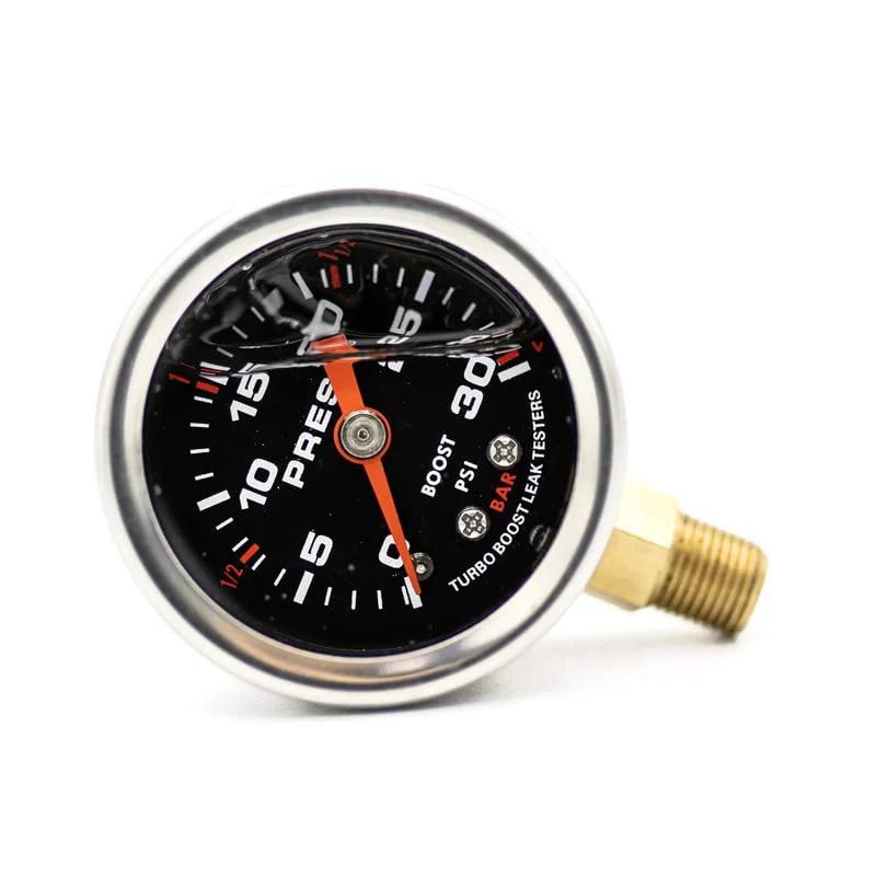 Close-up view of a pressure gauge for Medium Aluminum Boost Leak Tester With 3 Inch End Cap For Turbo Inlet Flange.