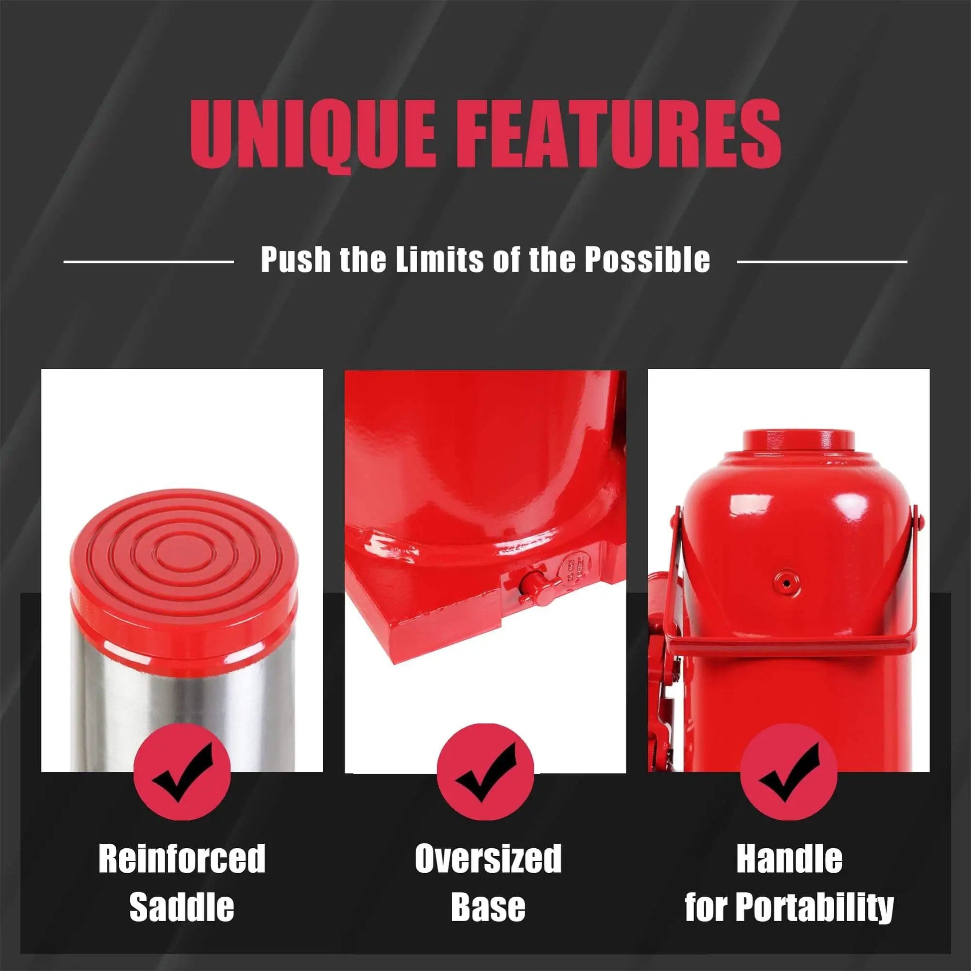 Features of Ultra Duty 50 Ton Hydraulic Bottle Jack With Welded Steel Construction for Home Shop and Commercial Use, Model T95007 Big Red