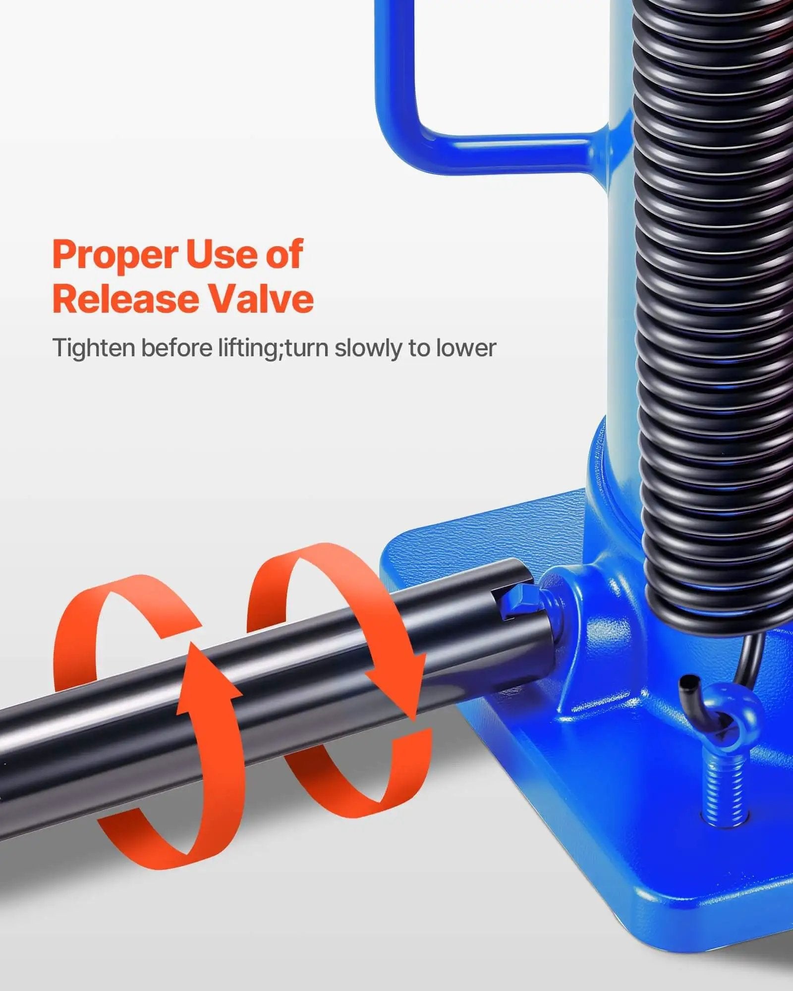 Close-up of Heavy Duty 20 Ton Bottle Jack With Pneumatic Or Manual Lift For Cars SUVs Trucks And RVs, showing release valve instructions