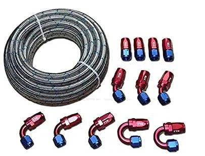 Three Eighth Inch Stainless Steel Braided Fuel Line Hose E85 Compatible Swivel Fittings Kit With Six AN Adapters 30 Feet Black