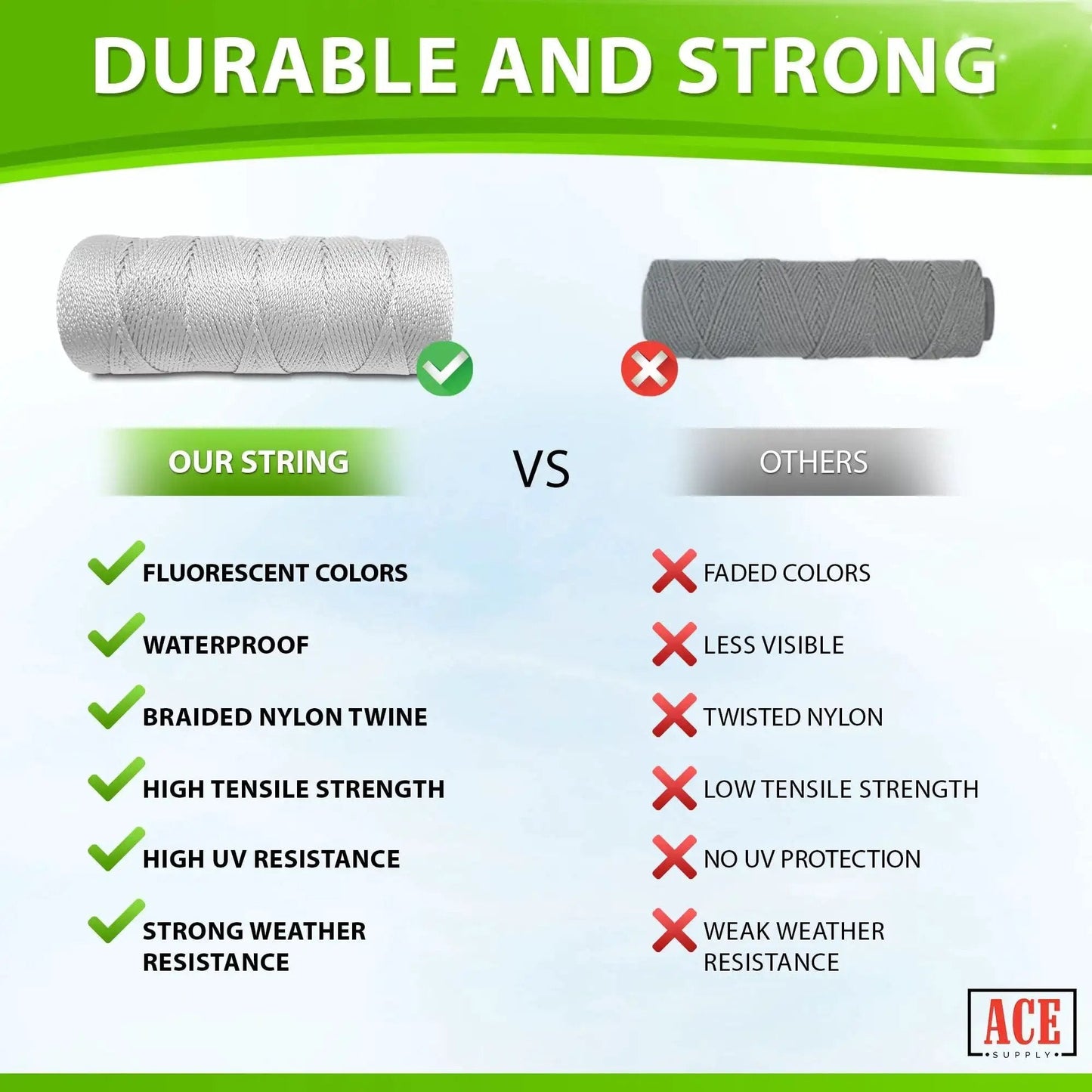 Comparison of braided nylon twine for gardening; our string features durable, waterproof, UV resistant properties vs others