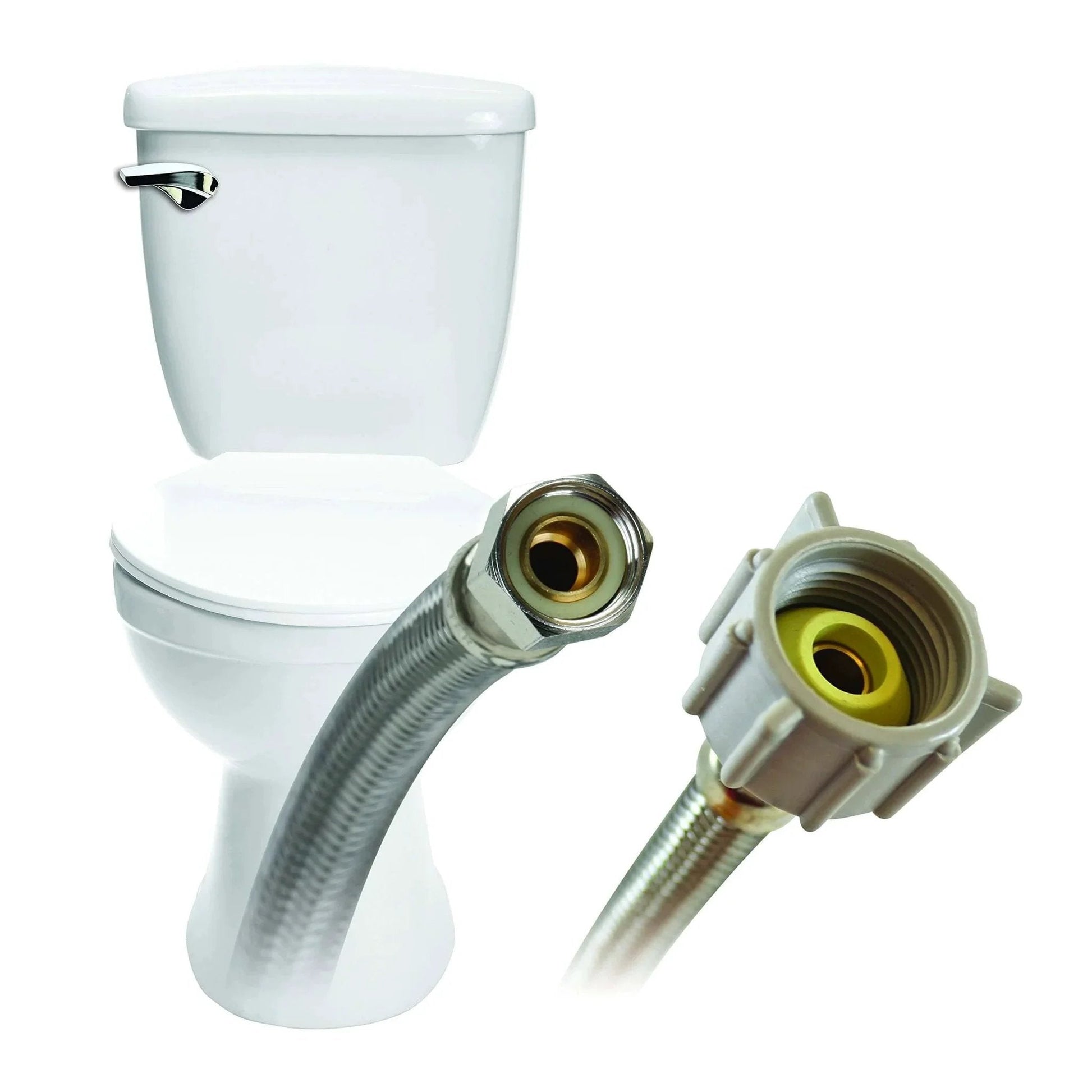 Toilet Connector Braided Stainless Steel 12 Inch Flexible Water Supply Line Three Eighths Inch Female Compression To Seven Eighths Inch Female Ballcock Thread Heavy Duty Nuts Does Not Kink Or Crease For Easy Toilet Installation