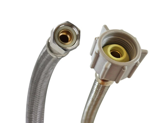 Toilet Connector Braided Stainless Steel 12 Inch Flexible Water Supply Line Three Eighths Inch Female Compression To Seven Eighths Inch Female Ballcock Thread Heavy Duty Nuts Does Not Kink Or Crease For Easy Toilet Installation close-up view