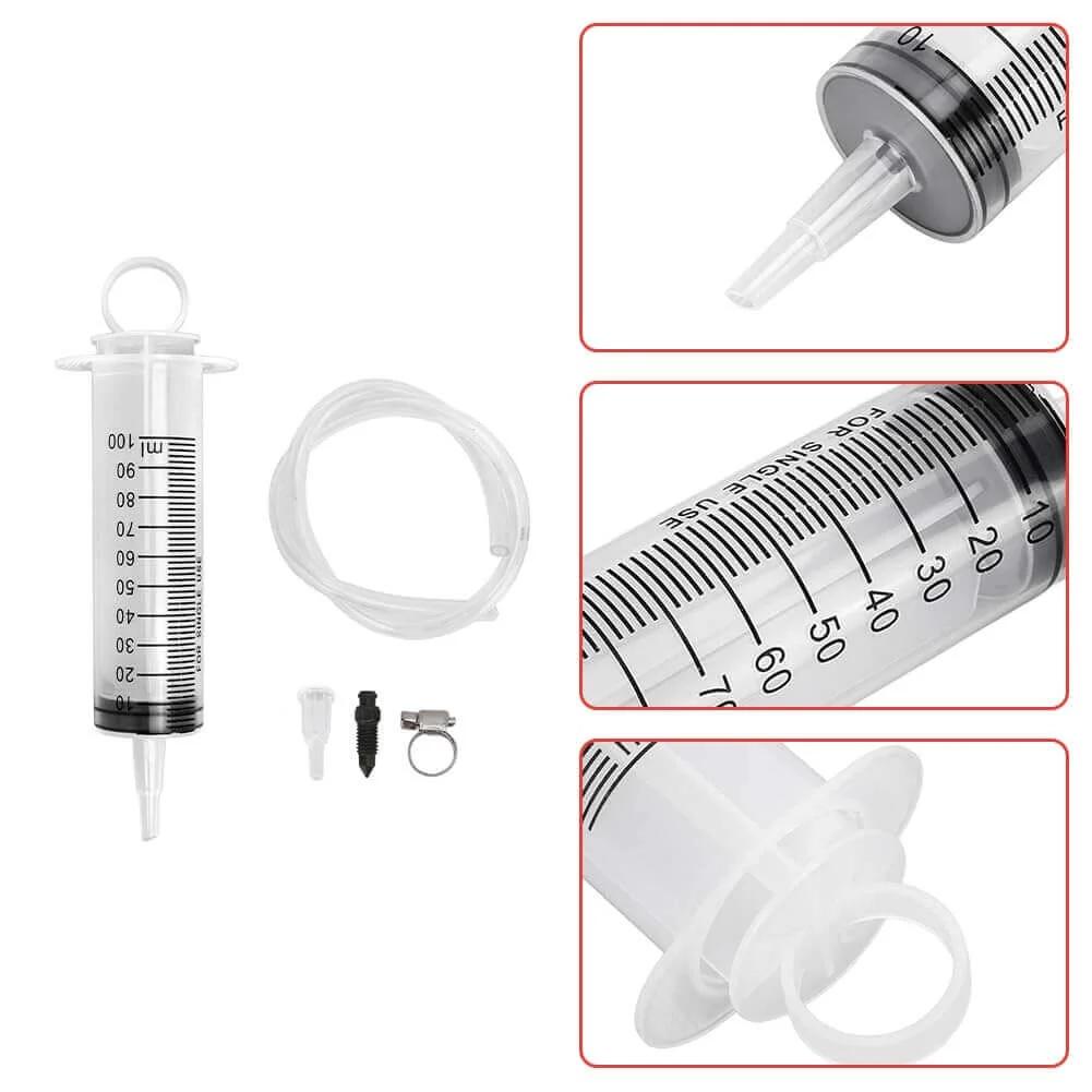 Brake Bleed Kit, Hydraulic Disc Clutches Bleeding Kit 100ML Syringe 50cm Hose, with accessories for motorcycle brake maintenance.