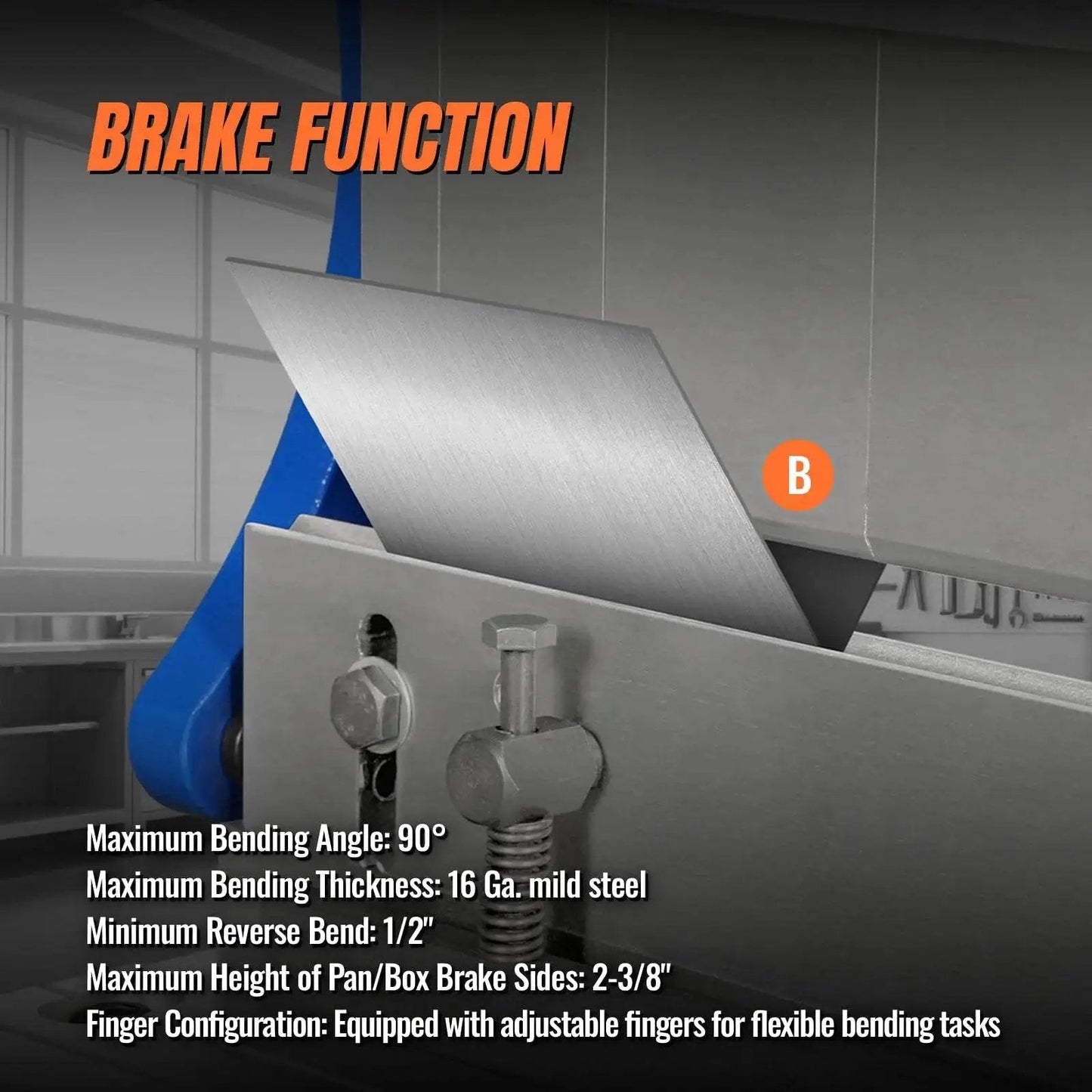 40 Inch Three In One Pan And Box Brake With Slip Roll Shear And Bending Functions For Sheet Metal 20 Gauge Mild Steel Heavy Duty Metalworking And Fabrication Roller And Bender Model MMCB4020 showing brake function with 90 degree bending angle for metal sheets.