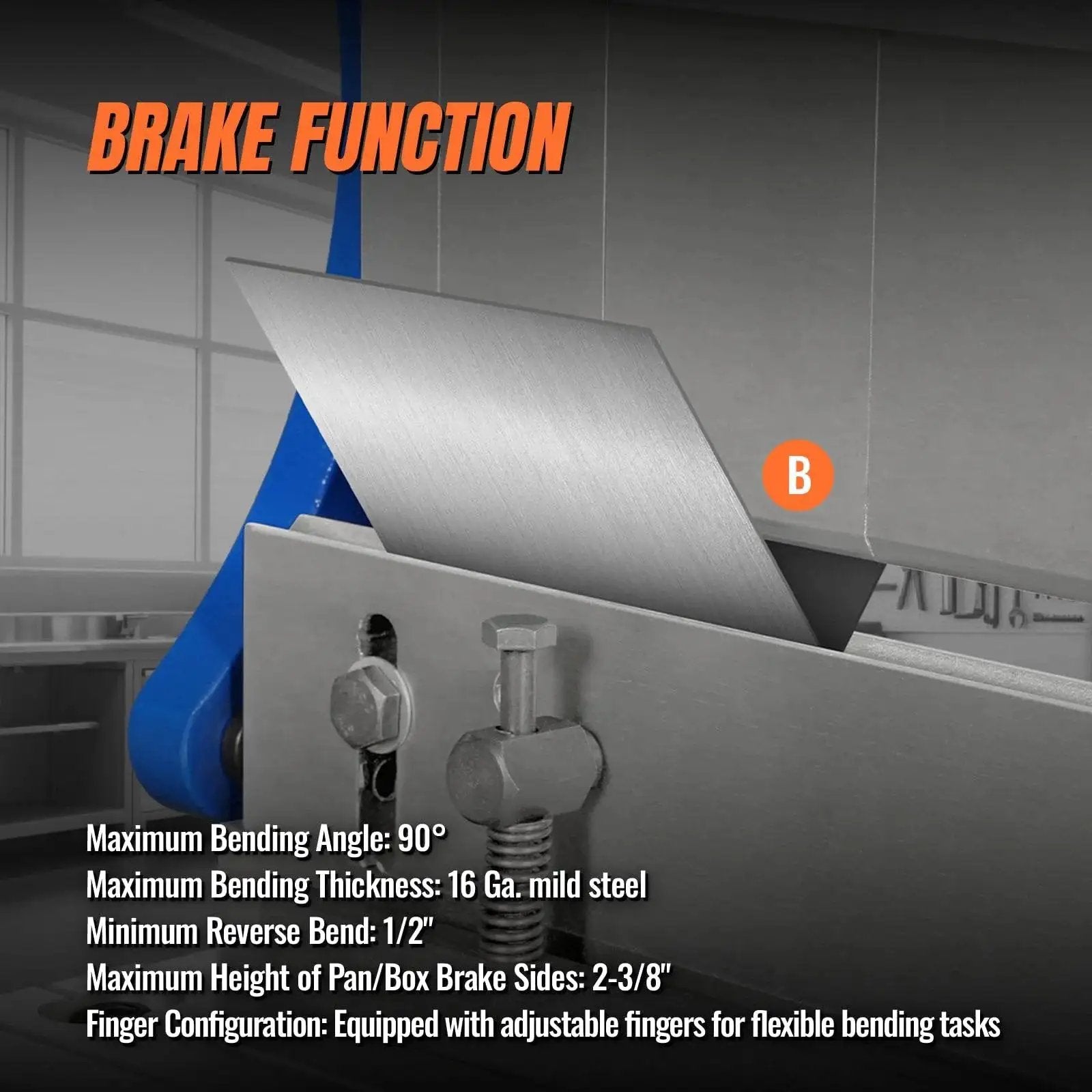 40 Inch Three In One Pan And Box Brake With Slip Roll Shear And Bending Functions For Sheet Metal 20 Gauge Mild Steel Heavy Duty Metalworking And Fabrication Roller And Bender Model MMCB4020 showing brake function with 90 degree bending angle for metal sheets.