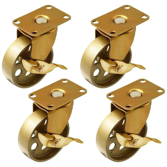 3.5 Inch Brake Locking Caster Swivel Wheel Set Of 4 With Copper Antique Gold Finish Cast Iron Industrial Heavy Duty Retro Cart Style 225 Lbs Each 900 Lbs Total Capacity Ideal For Industrial Furniture Vintage Decor And DIY Projects