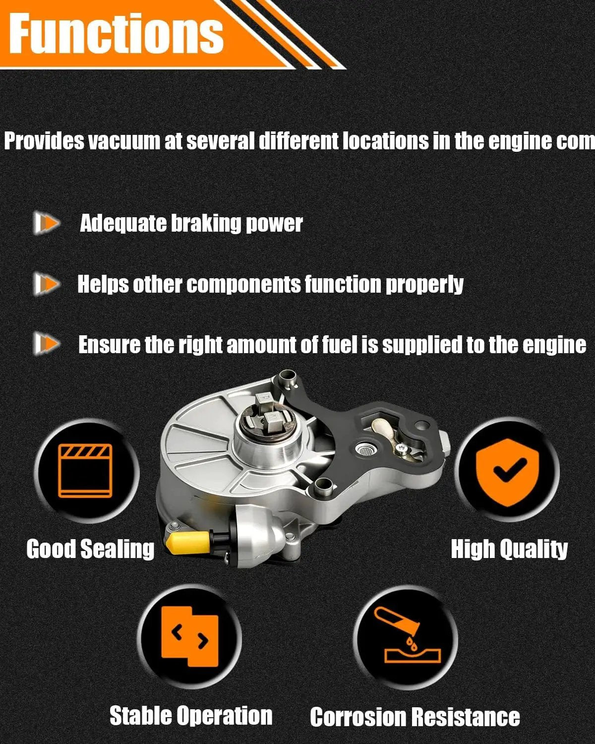 Built To Last Brake Vacuum Pump Replacement OEM 12686657 with diagram of functions and benefits for Chevy Impala 2014-2019.